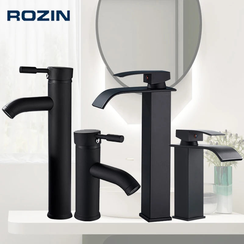 Rozin Matte Black Deck Mounted Waterfall Basin Faucet