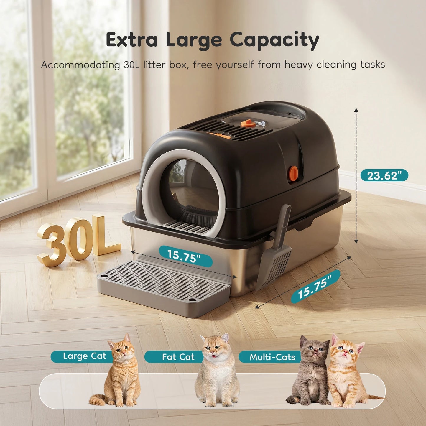 JHK Stainless Steel Enclosed Cat Litter Box Scoop Included