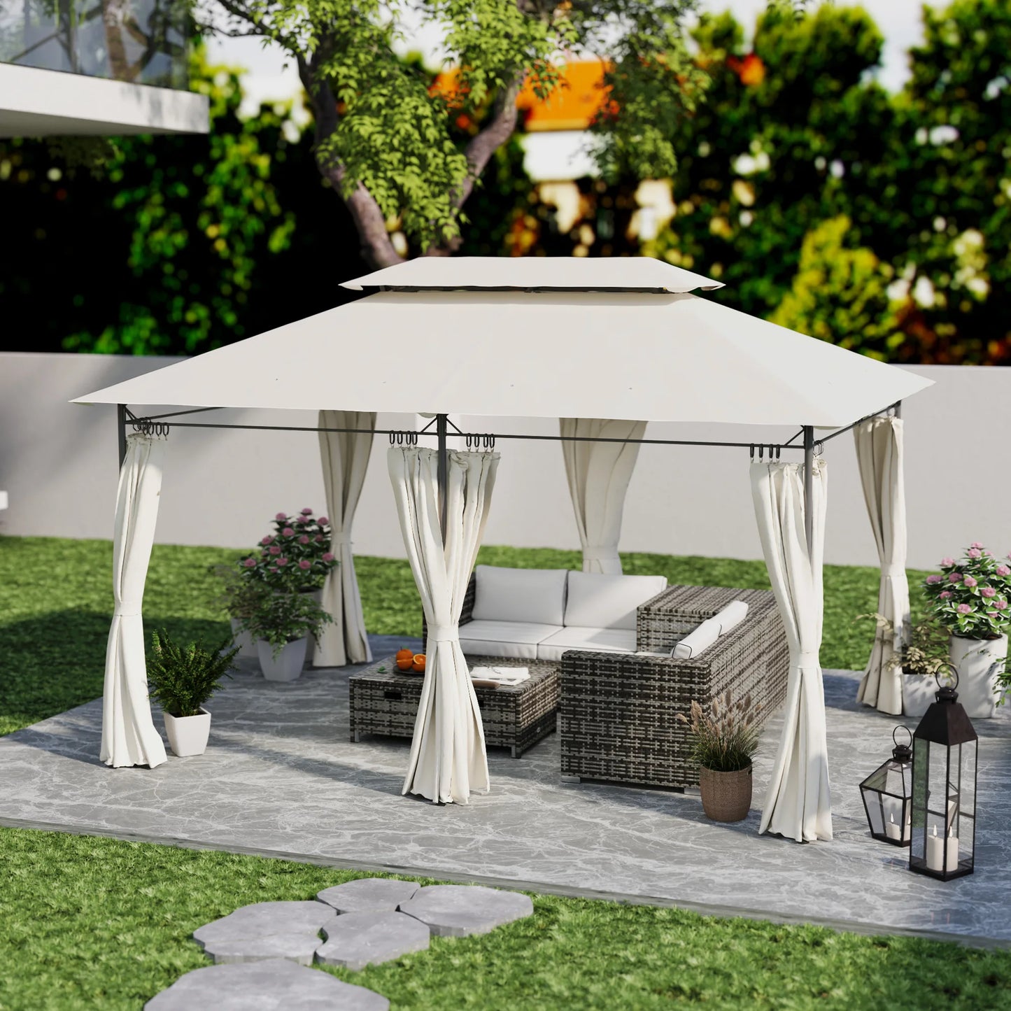 Double Roof Patio Gazebo With Curtains For Outdoor Living