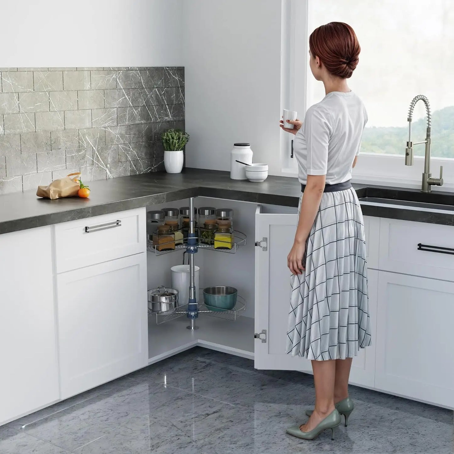 Base Corner Cabinet Kidney Shape Lazy Susan 270 Degree Two Shelves