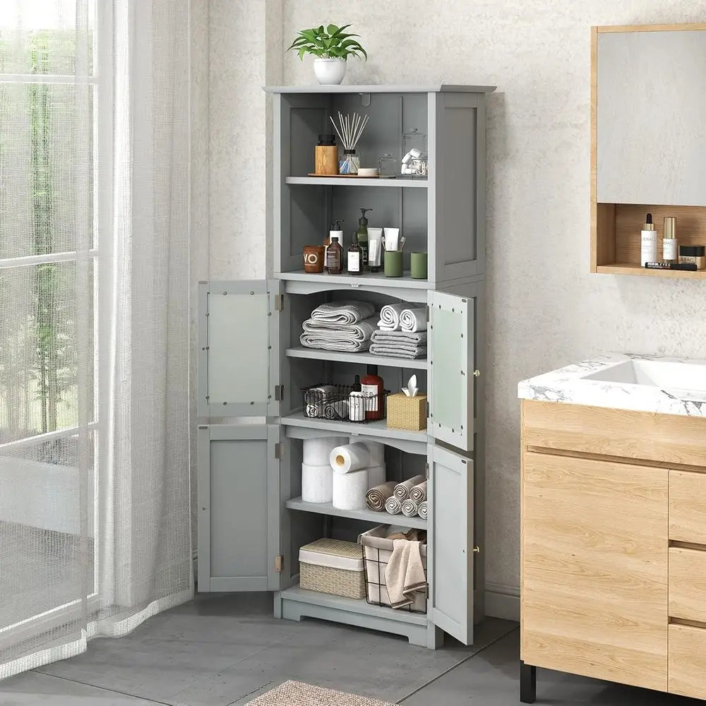 Tall Bathroom Storage Cabinet With Glass Doors And Shelves