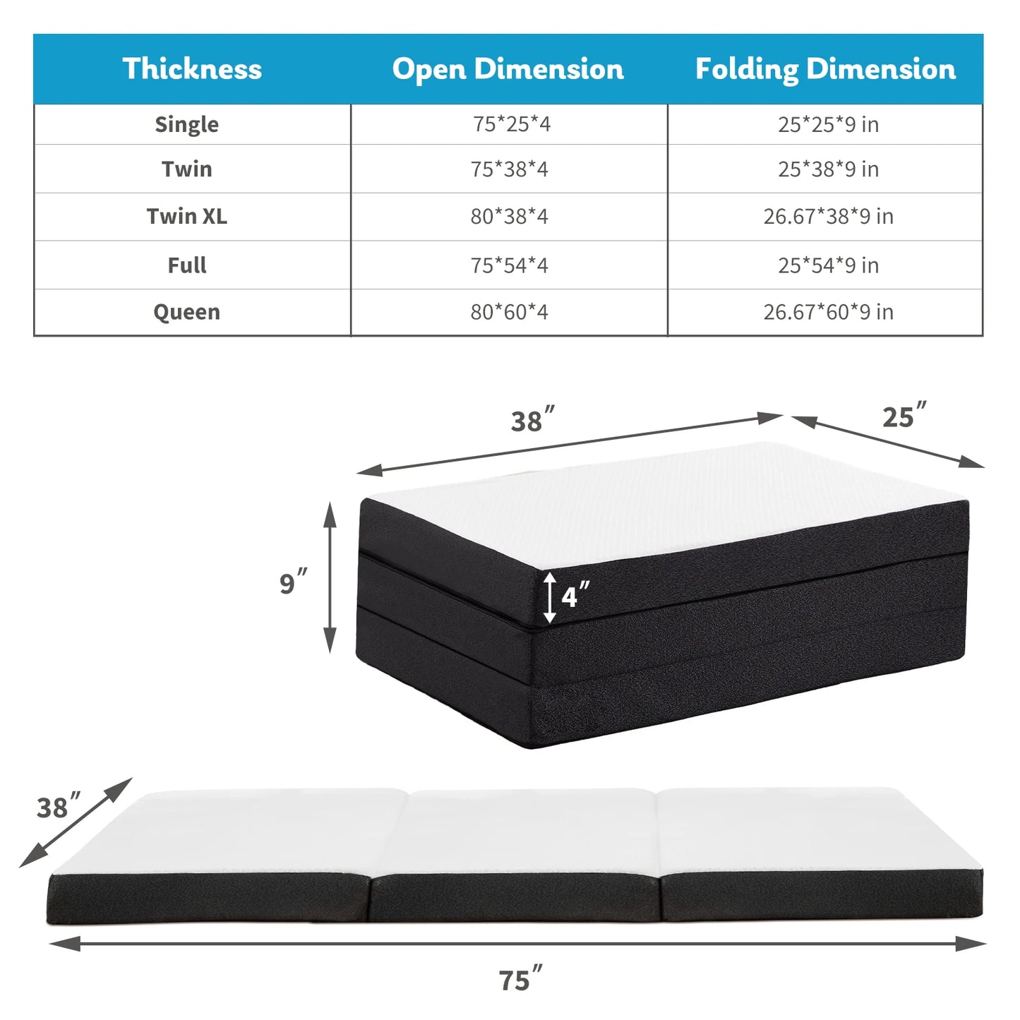JHK Tri Fold Memory Foam Mattress Washable Cover CertiPURUS Certified