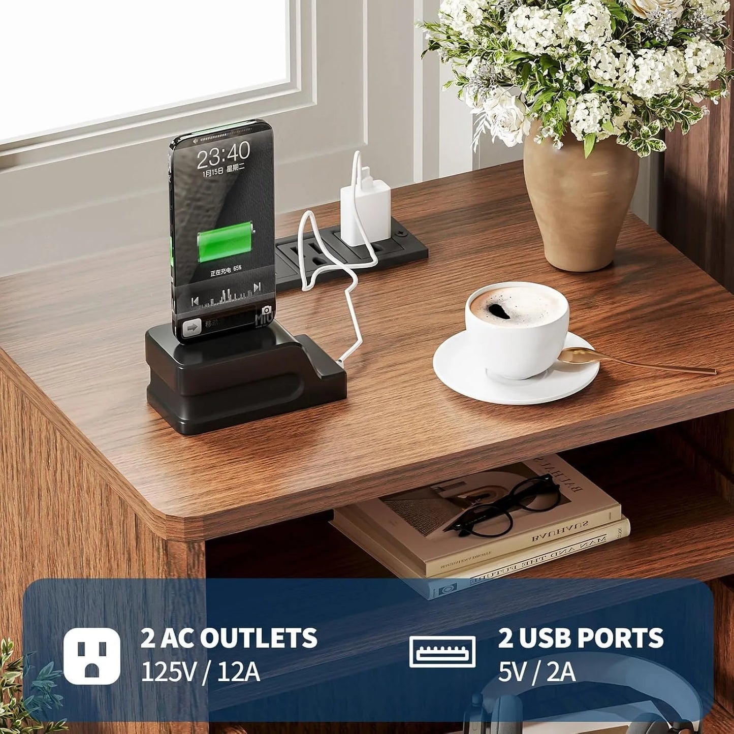 Modern Fluted Nightstand With Drawer And USB Charging