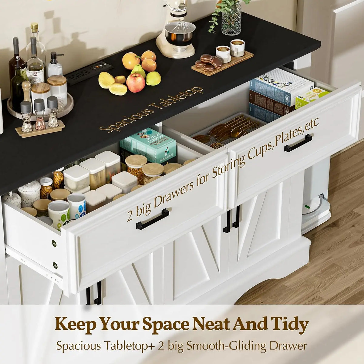Farmhouse Buffet Cabinet With Charging Station And Adjustable Shelves