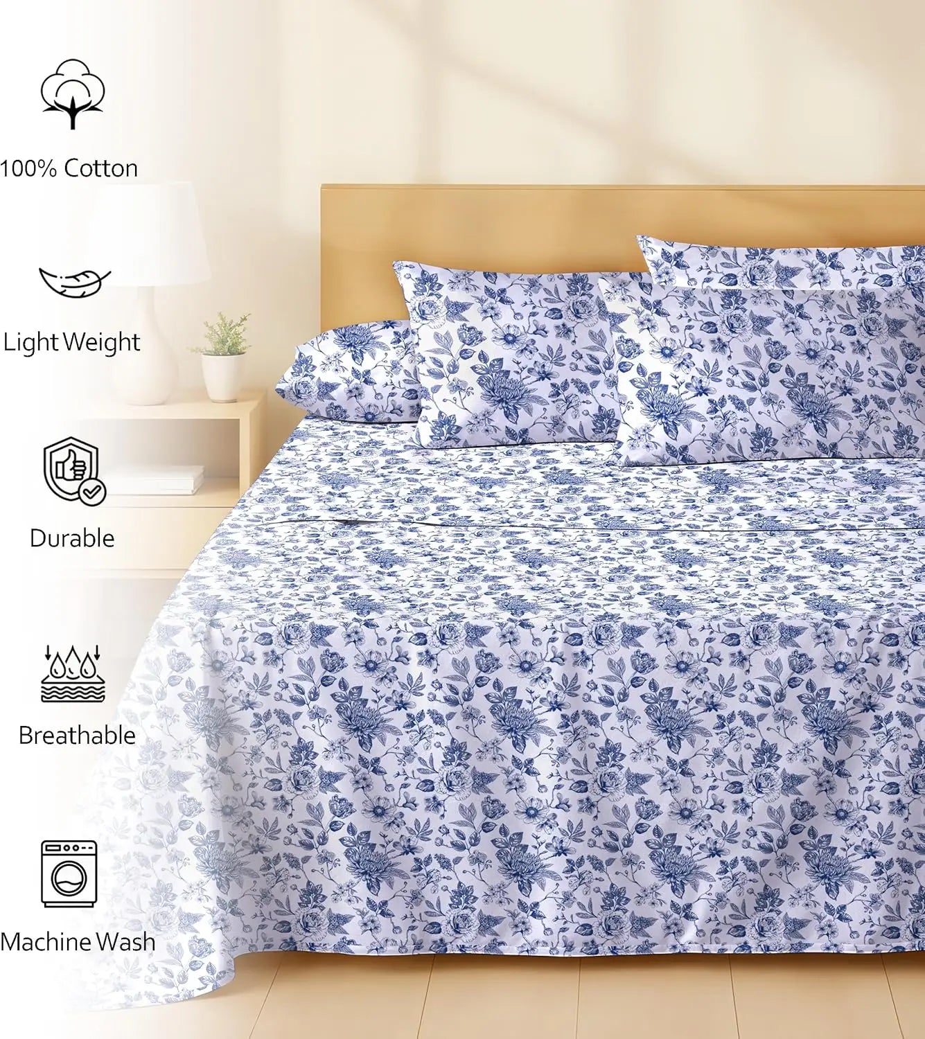 6 Piece Cotton Percale Sheets Set With Deep Pockets Bedding