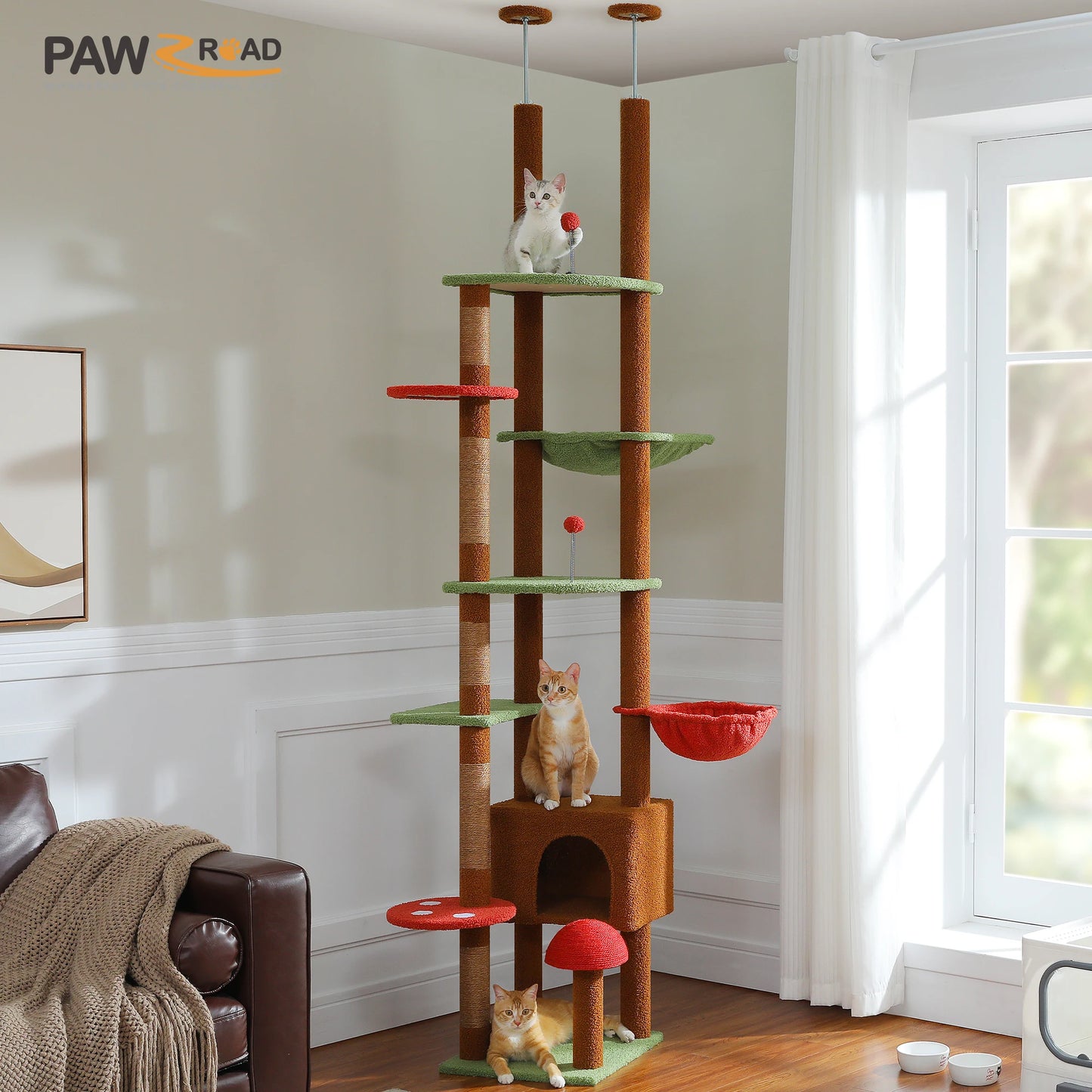 PETEPELA Cat Tree Floor To Ceiling Adjustable Height With Condo Hammock