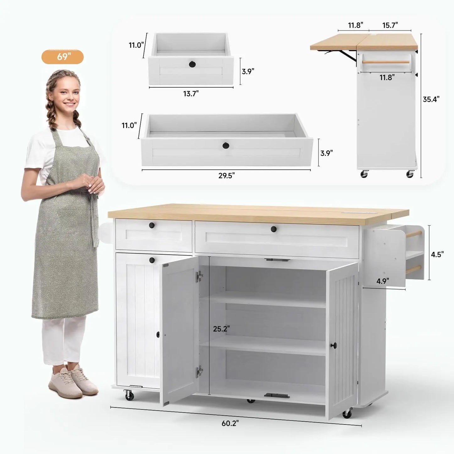 ONBRILL Mobile Kitchen Island with Power Outlet and Spice Rack