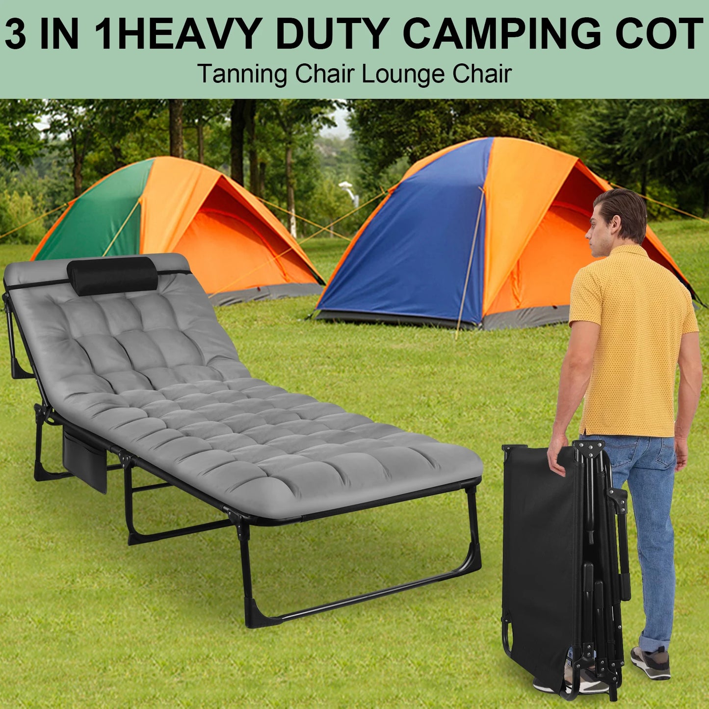 Portable Folding Camping Cot With Adjustable Reclining Pillow