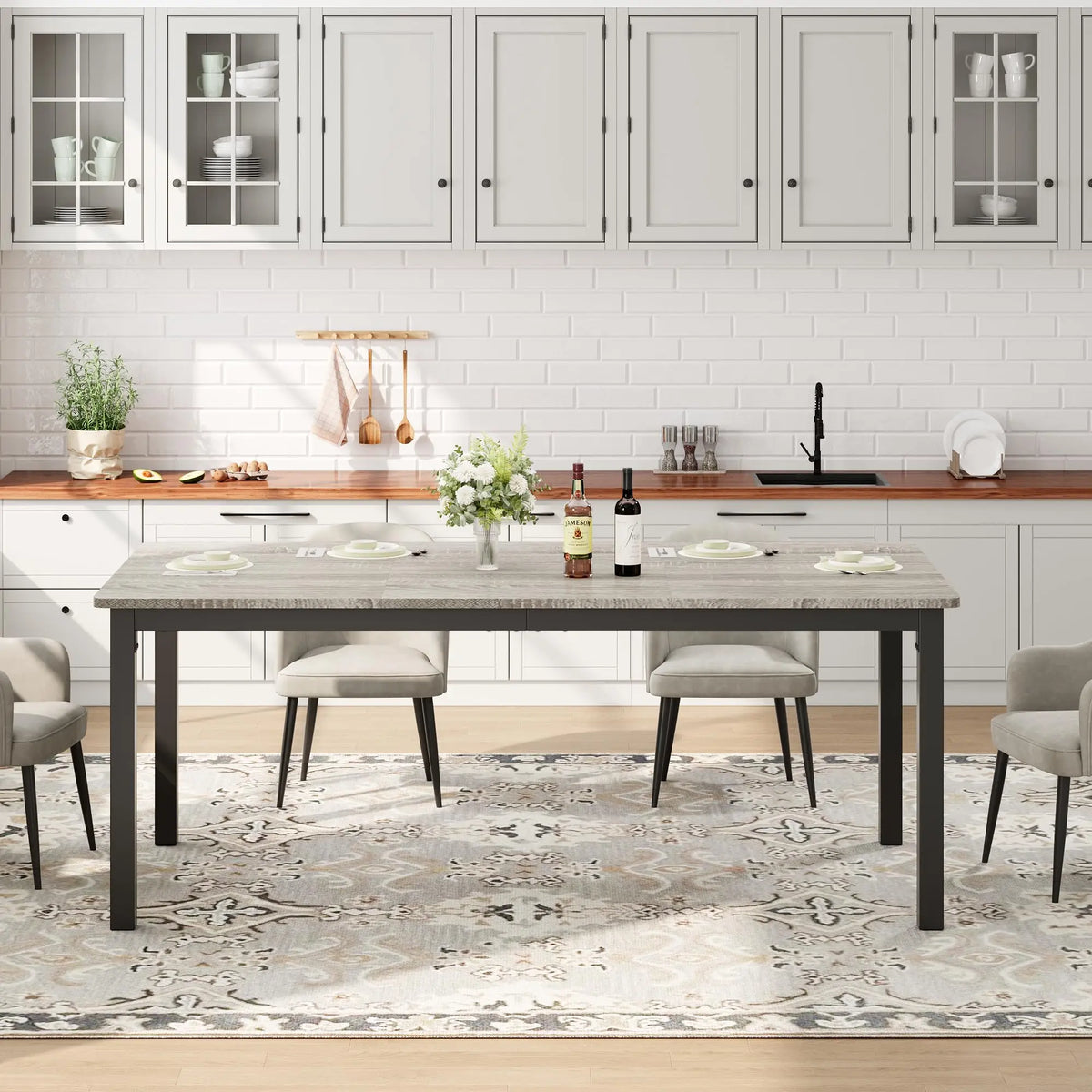 EliteZ Farmhouse Wooden Dining Table With Sturdy Metal Frame