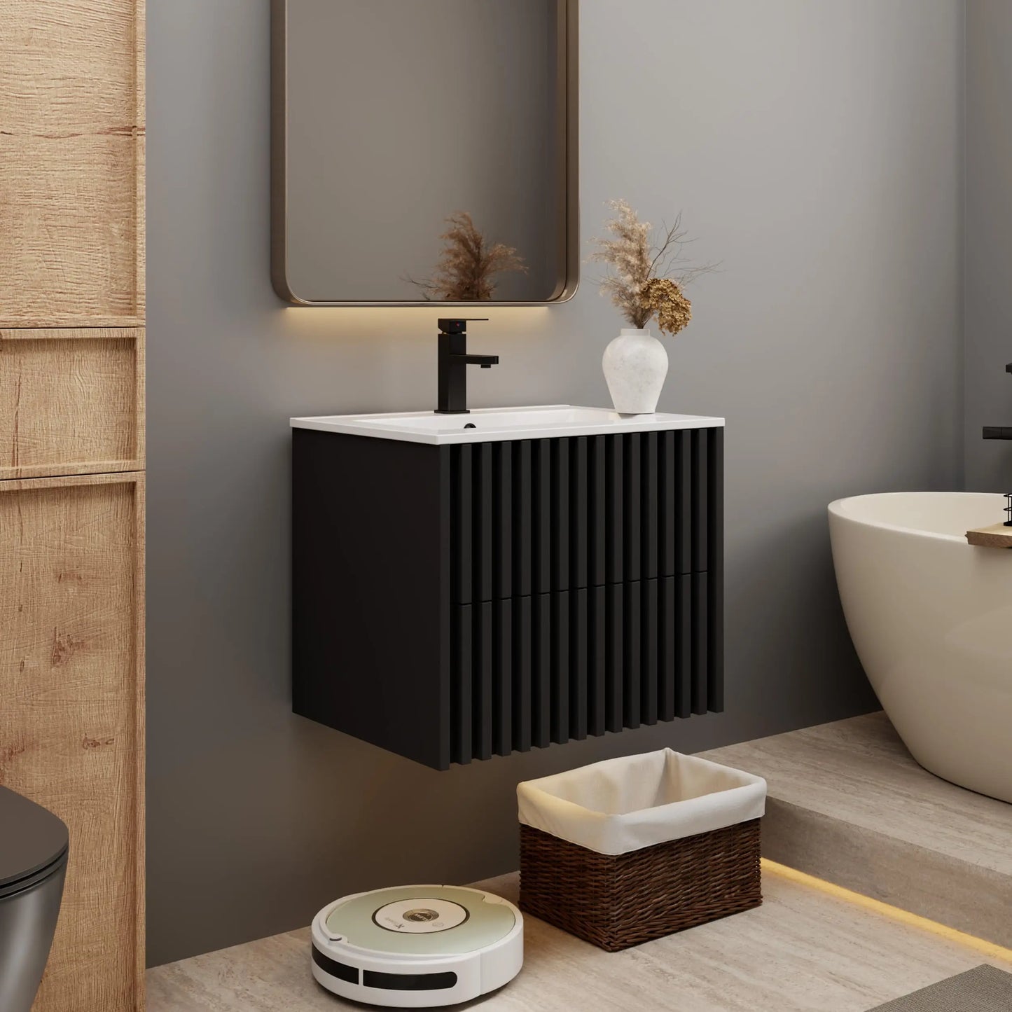 Floating Bathroom Vanity With Sink And Two Fluted Drawers