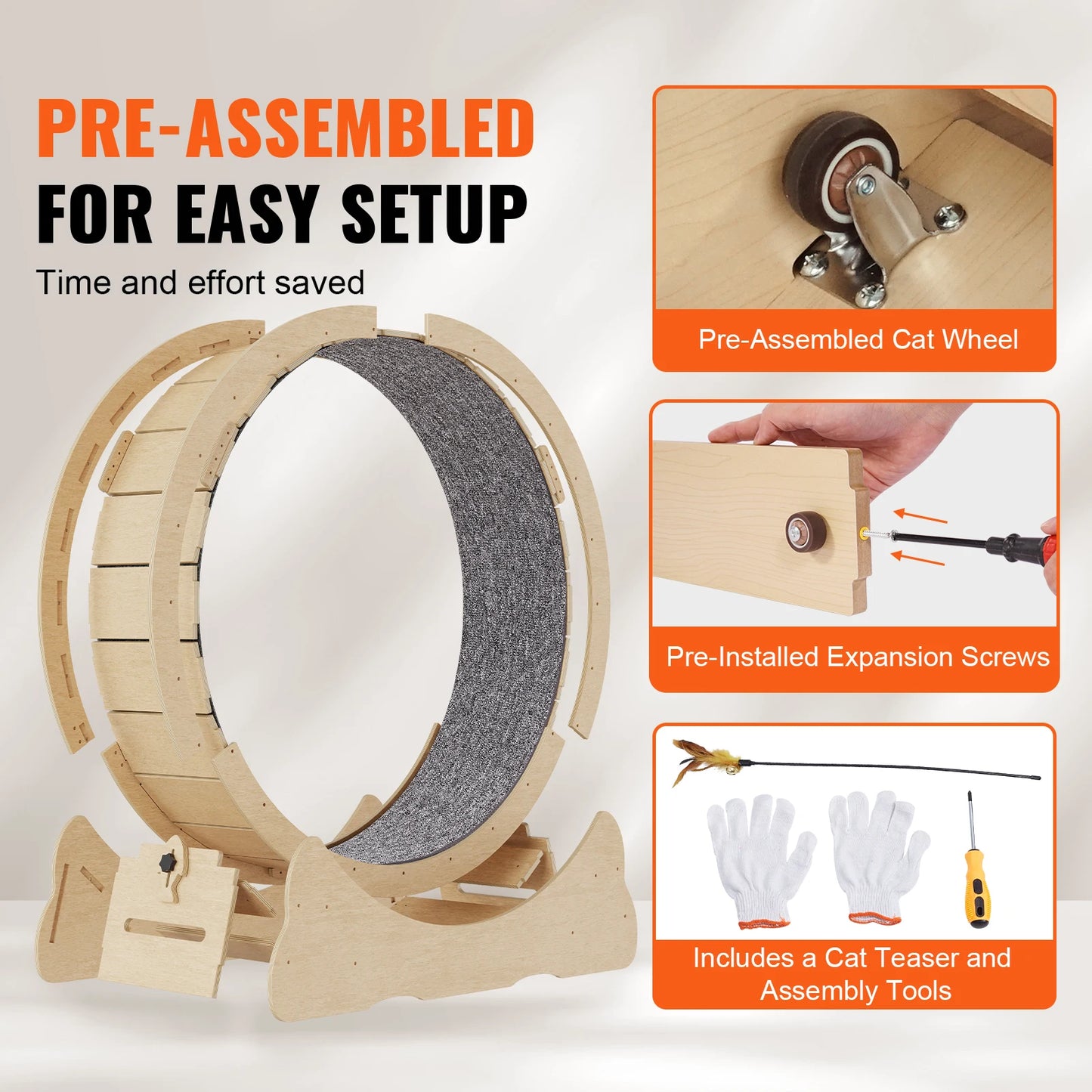 Wooden Cat Exercise Wheel for Indoor Running with Detachable Carpet