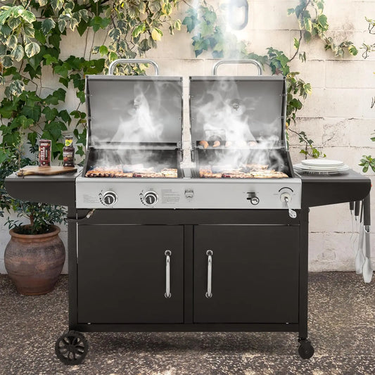 Propane Charcoal Grill Combo Dual Fuel BBQ With Side Shelves