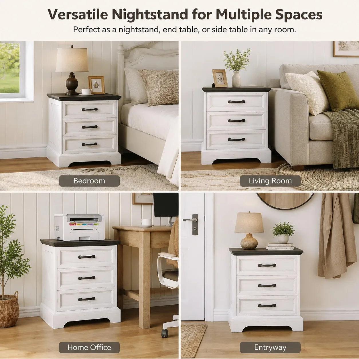 Modern Farmhouse Nightstand With Three Drawers And USB Charging
