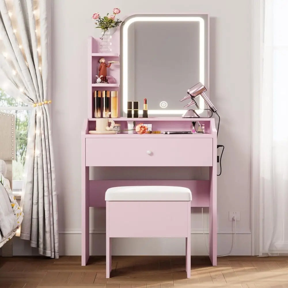 LIKIMIO Vanity Desk With Mirror And Lights Chair Storage Drawer