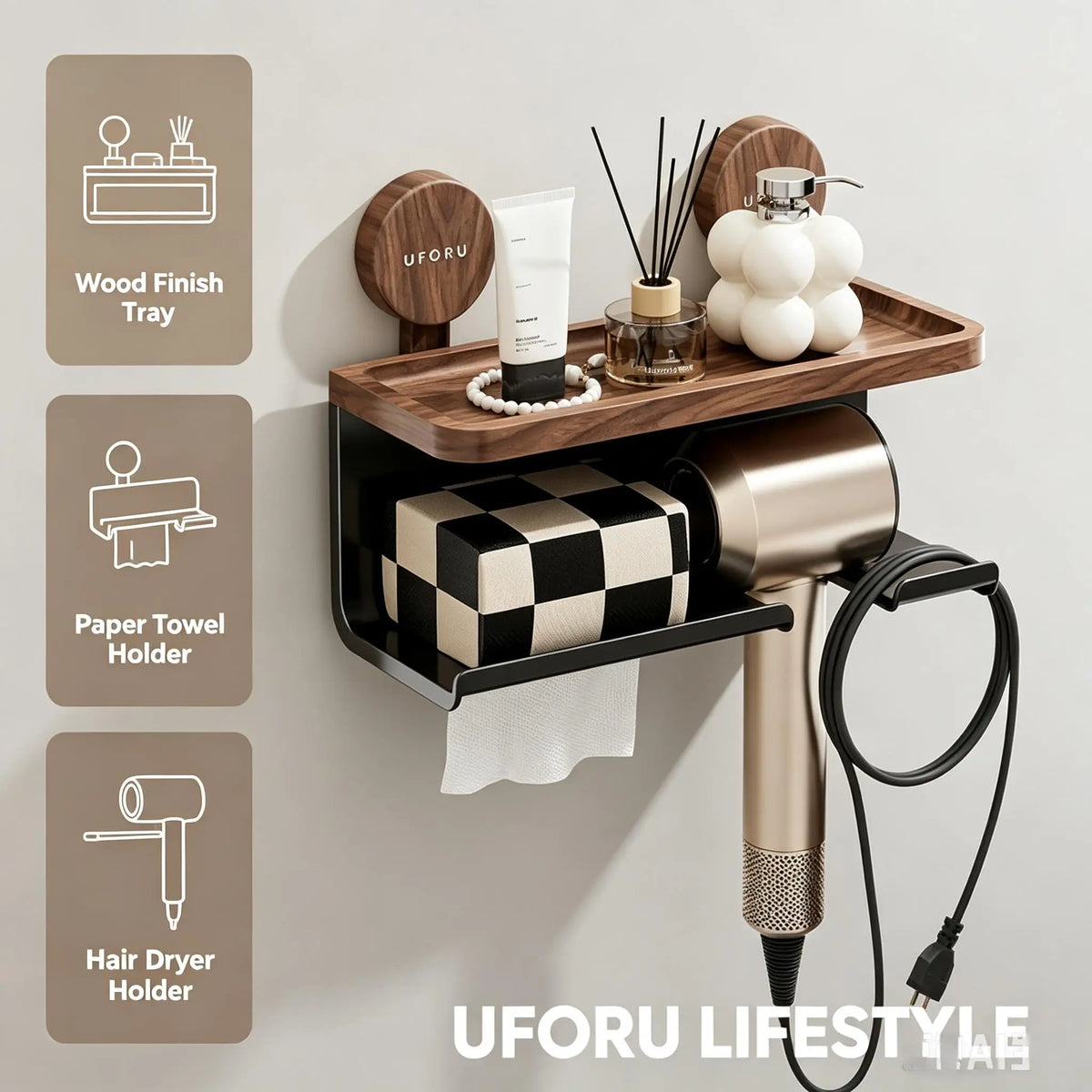Bathroom Wall Organizer Toilet Paper Holder Shelf Hairdryer Storage Rack