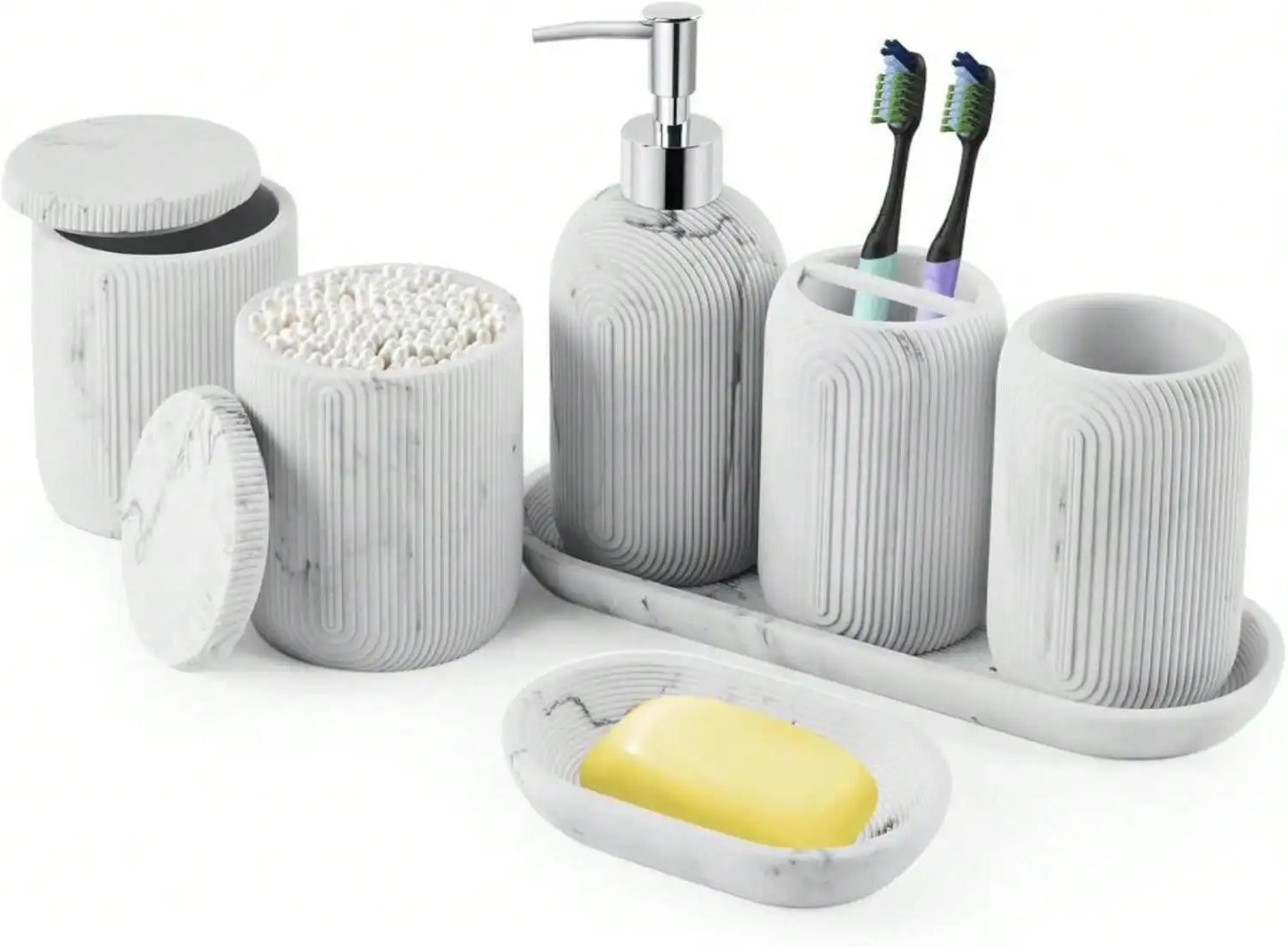 Resin Bathroom Set Toothbrush Holder Soap Dispenser Qtip Holder Tumbler