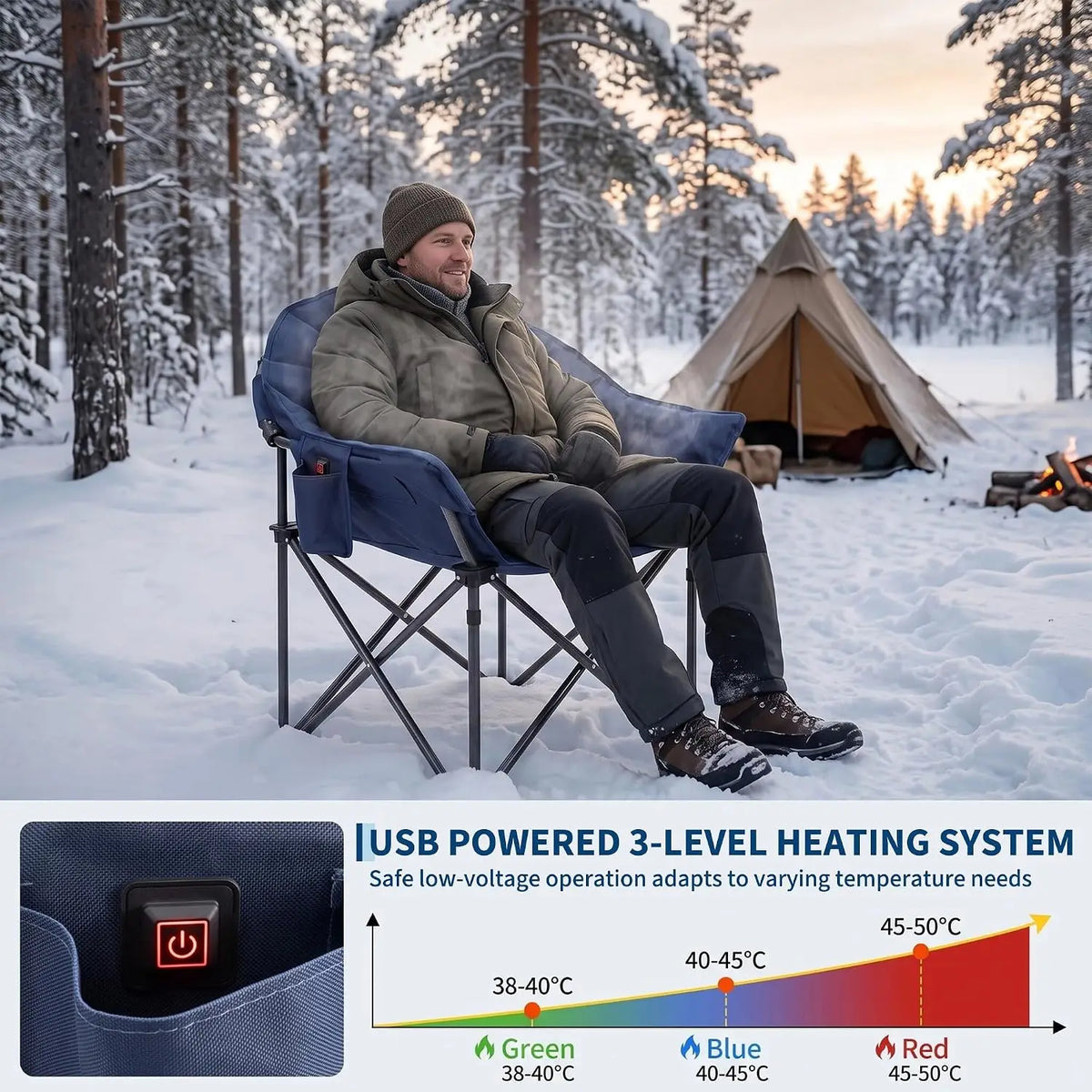 Heated Folding Camping Chair With Cup Holder And Storage