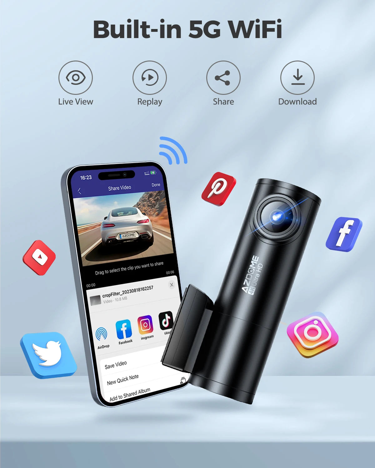 AZDOME M300S 4K Dash Cam Front Rear Night-Vision GPS WiFi