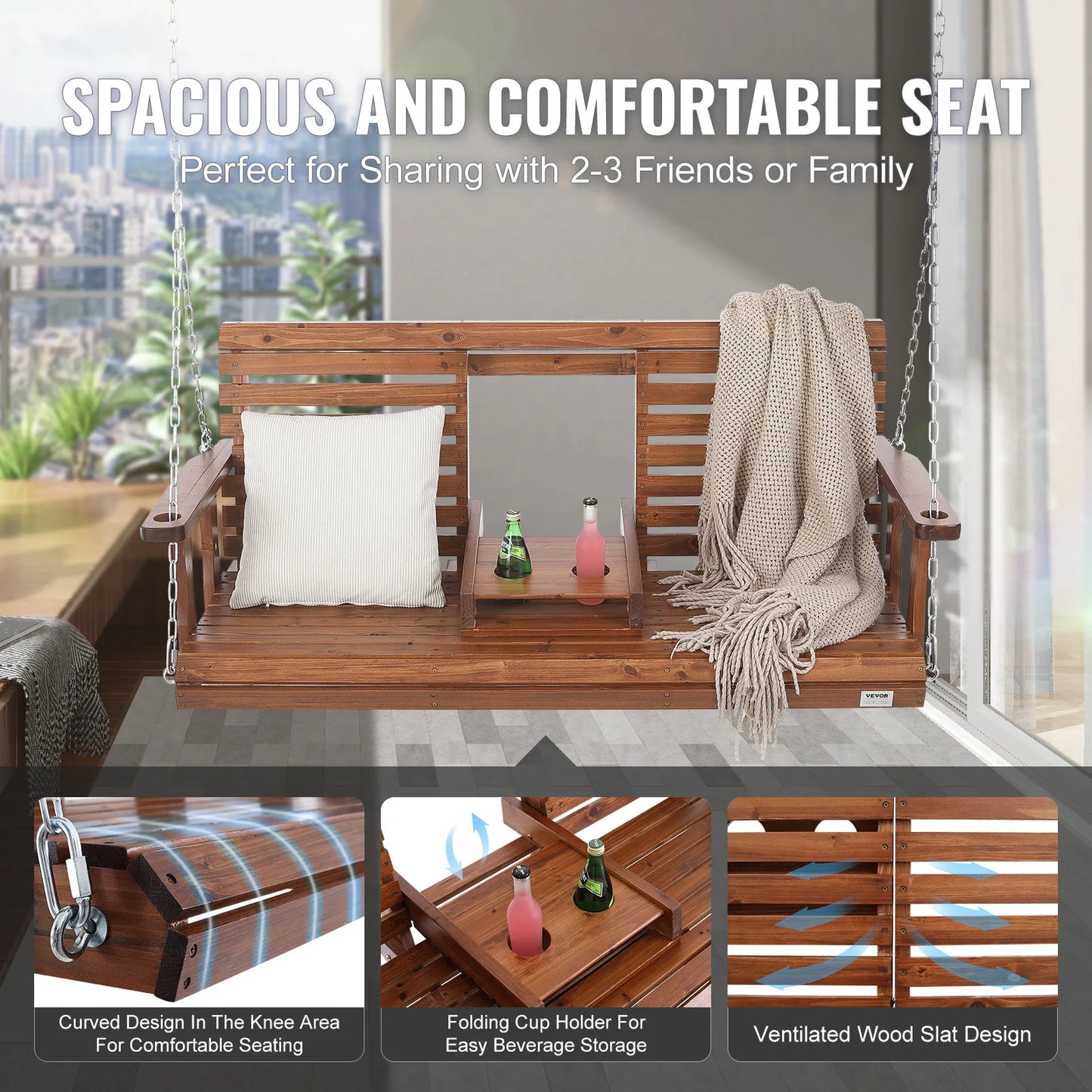 SucceBuy Cedar Wood Porch Swing With Steel Chains