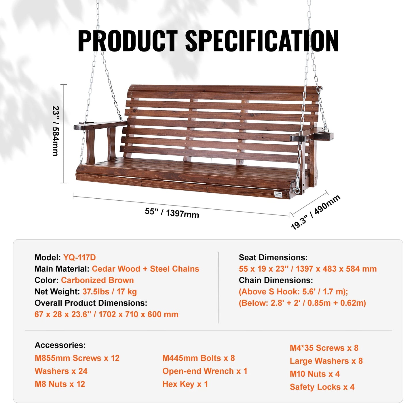 SucceBuy Cedar Wood Porch Swing With Steel Chains
