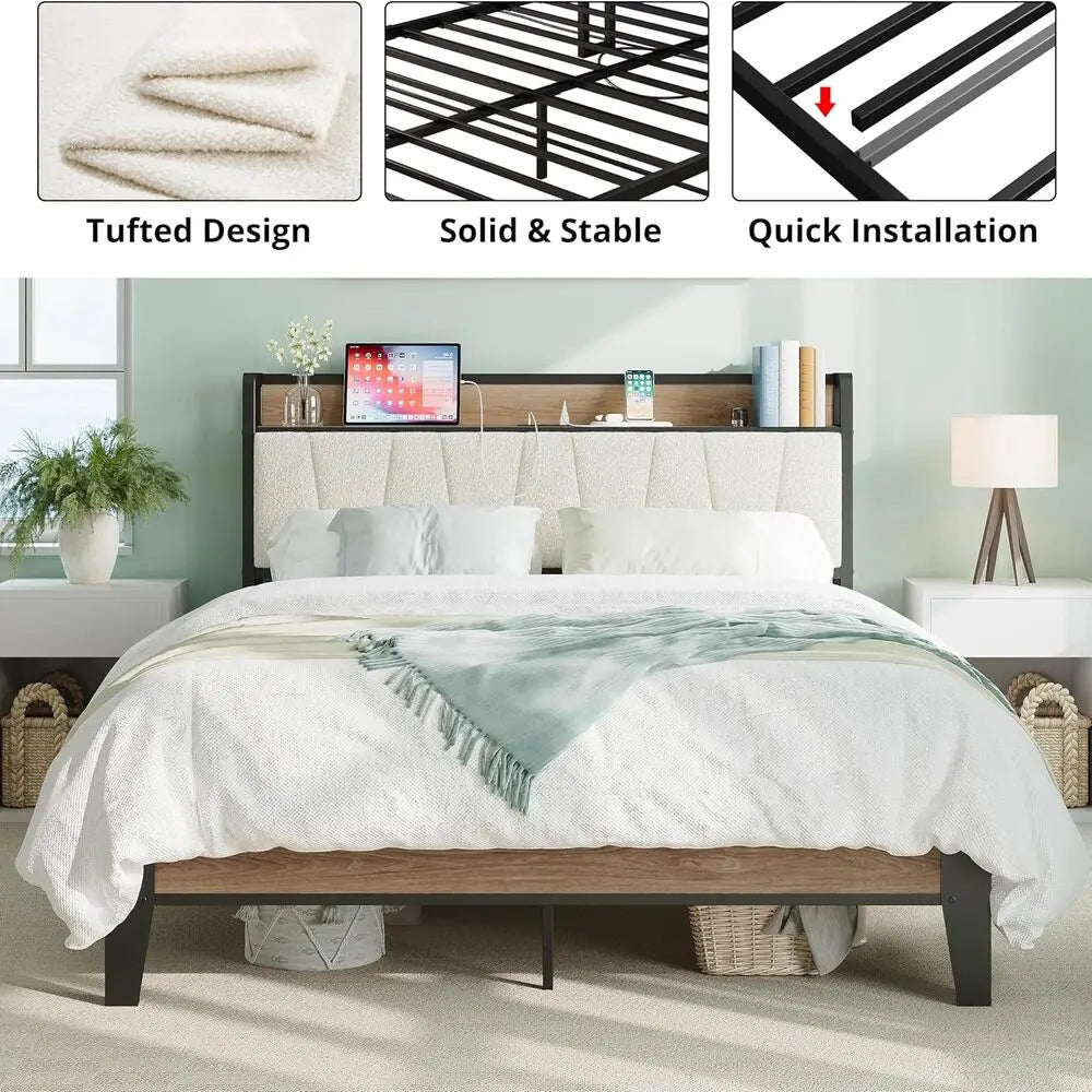 LIKIMIO Bed Frame With Storage Headboard And Charging Station