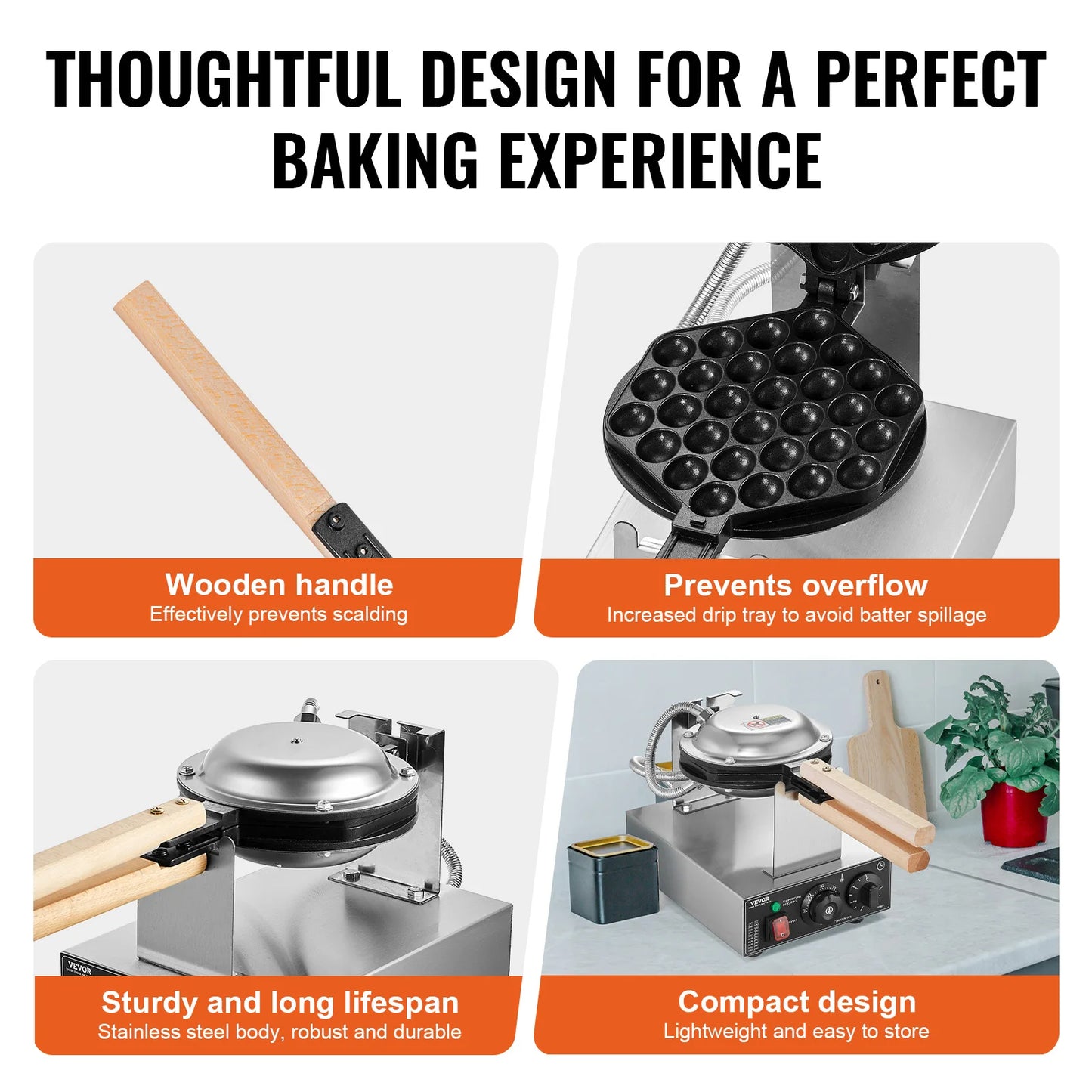VEVOR Egg Bubble Waffle Maker 1000W Rotating Dual Pans