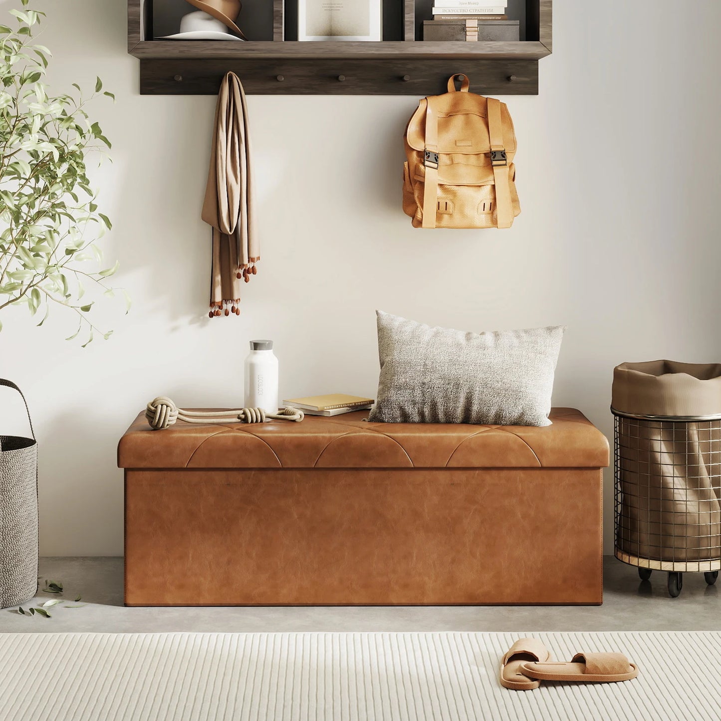 Tufted Faux Leather Storage Bench Ottoman With 400lb Capacity