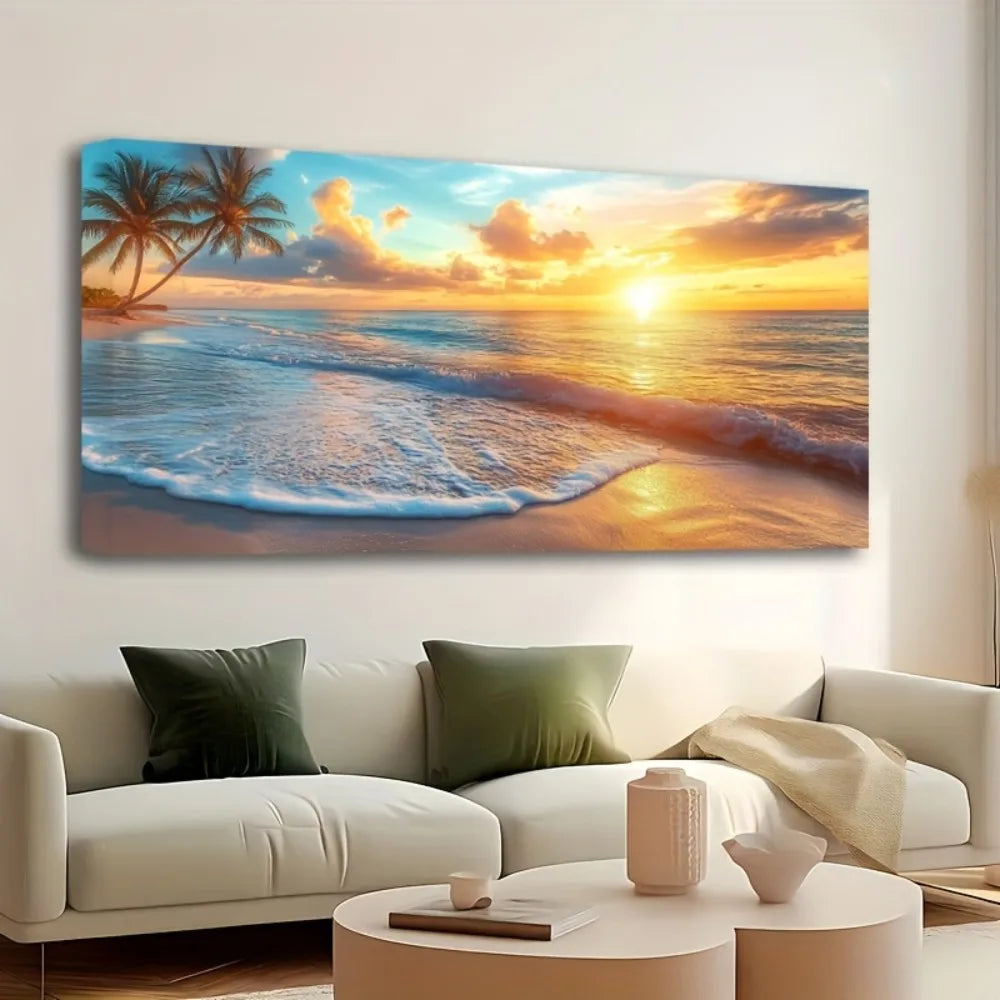Pine Solid Wood Frame Canvas Wall Art Ocean Sunset Beach Scene