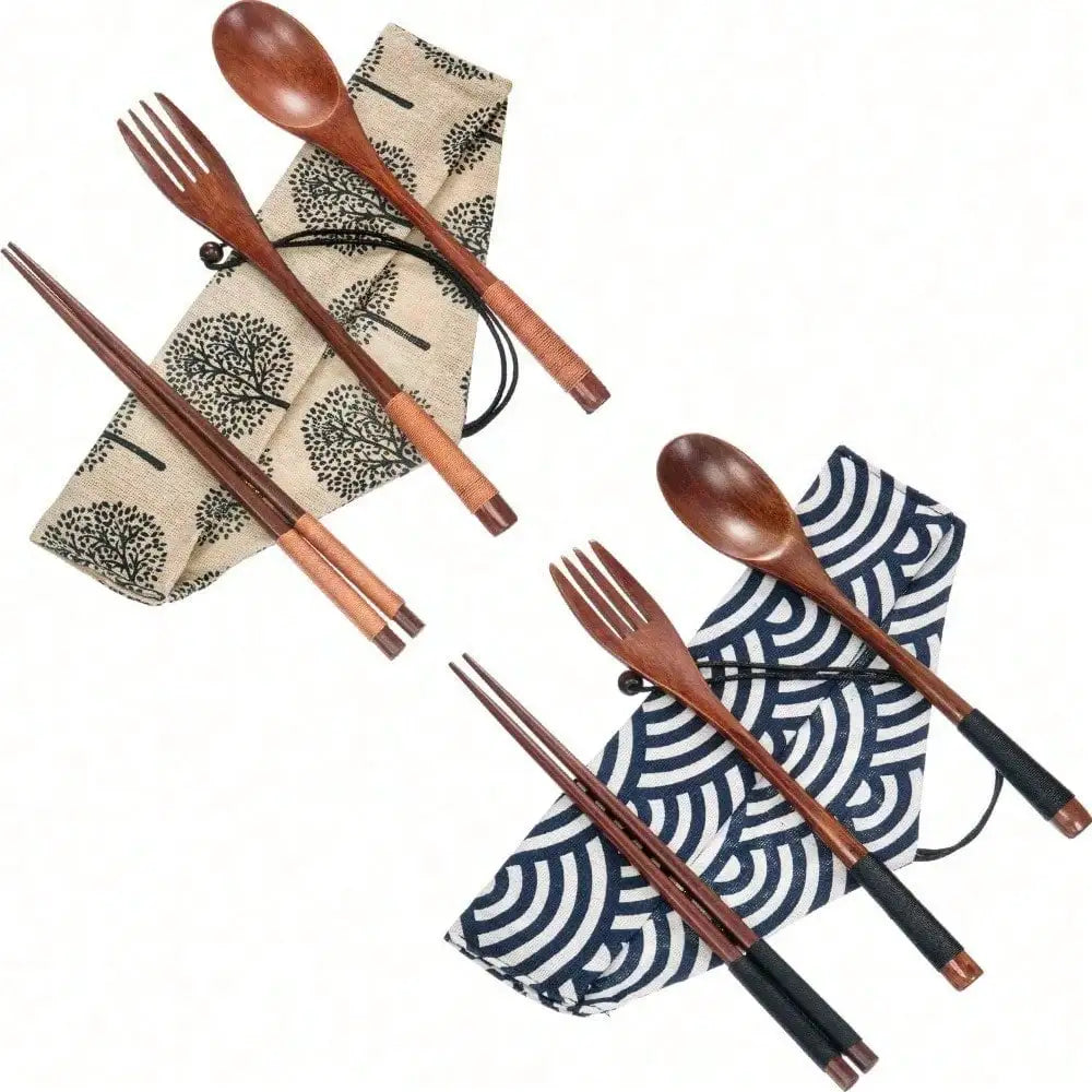 Wooden Flatware Set With Cloth Bag Two Sets Spoon Fork Chopsticks