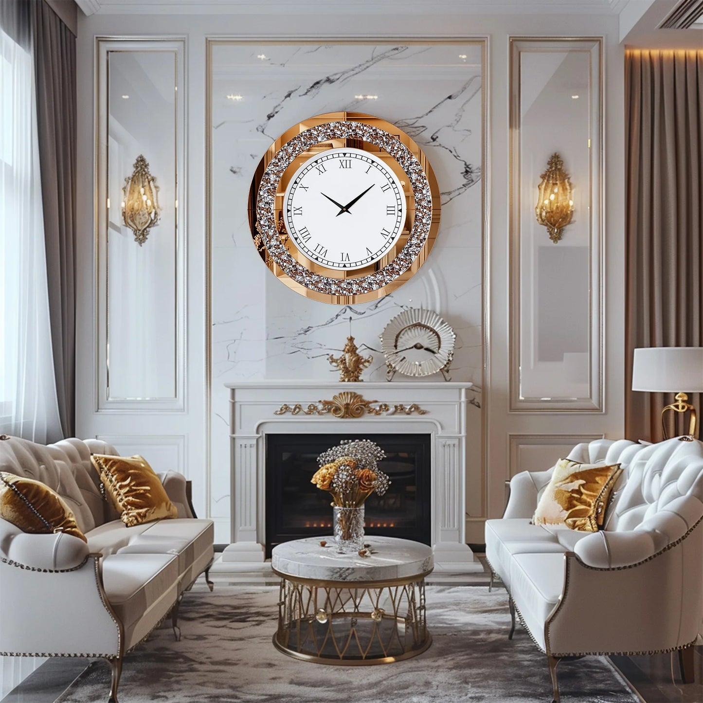Mirrored Wall Clock With Crystal Sparkle Dial Living Room