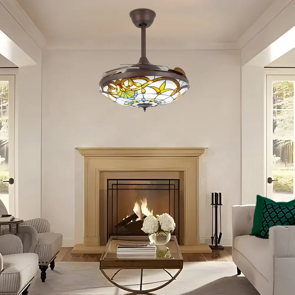 Tiffany Style Ceiling Fan With LED Light And Remote Control