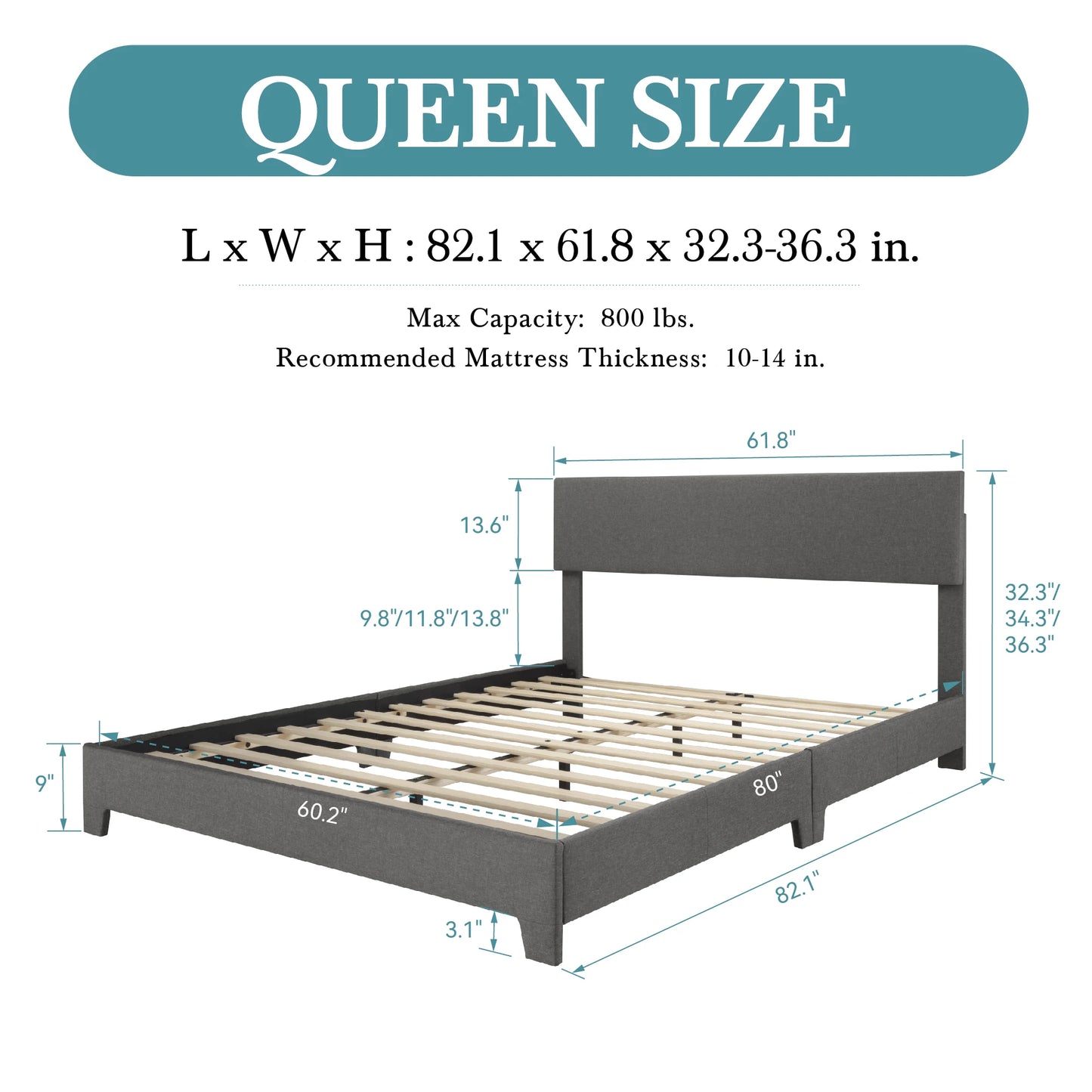 HOOMIC Upholstered Bed Frame With Adjustable Headboard