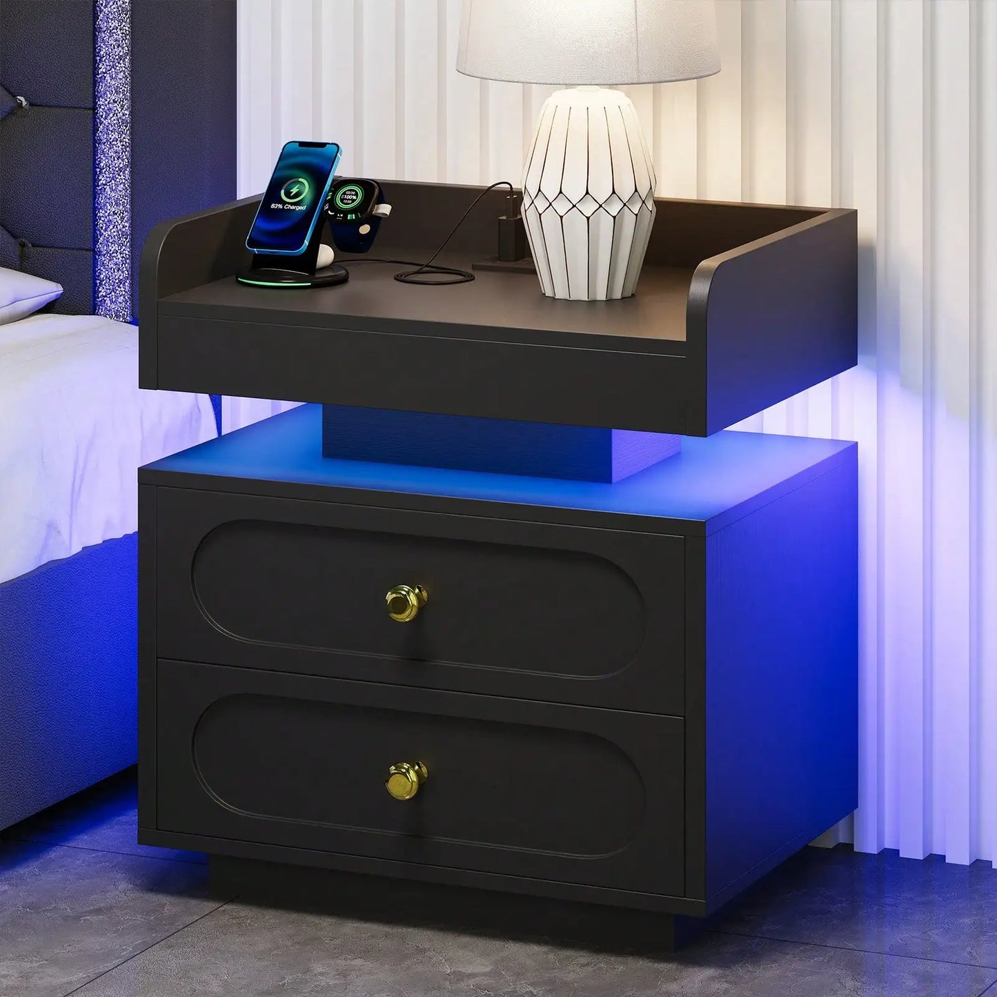 Nightstand With Charging Station And LED Lighting Modern Bedside Table