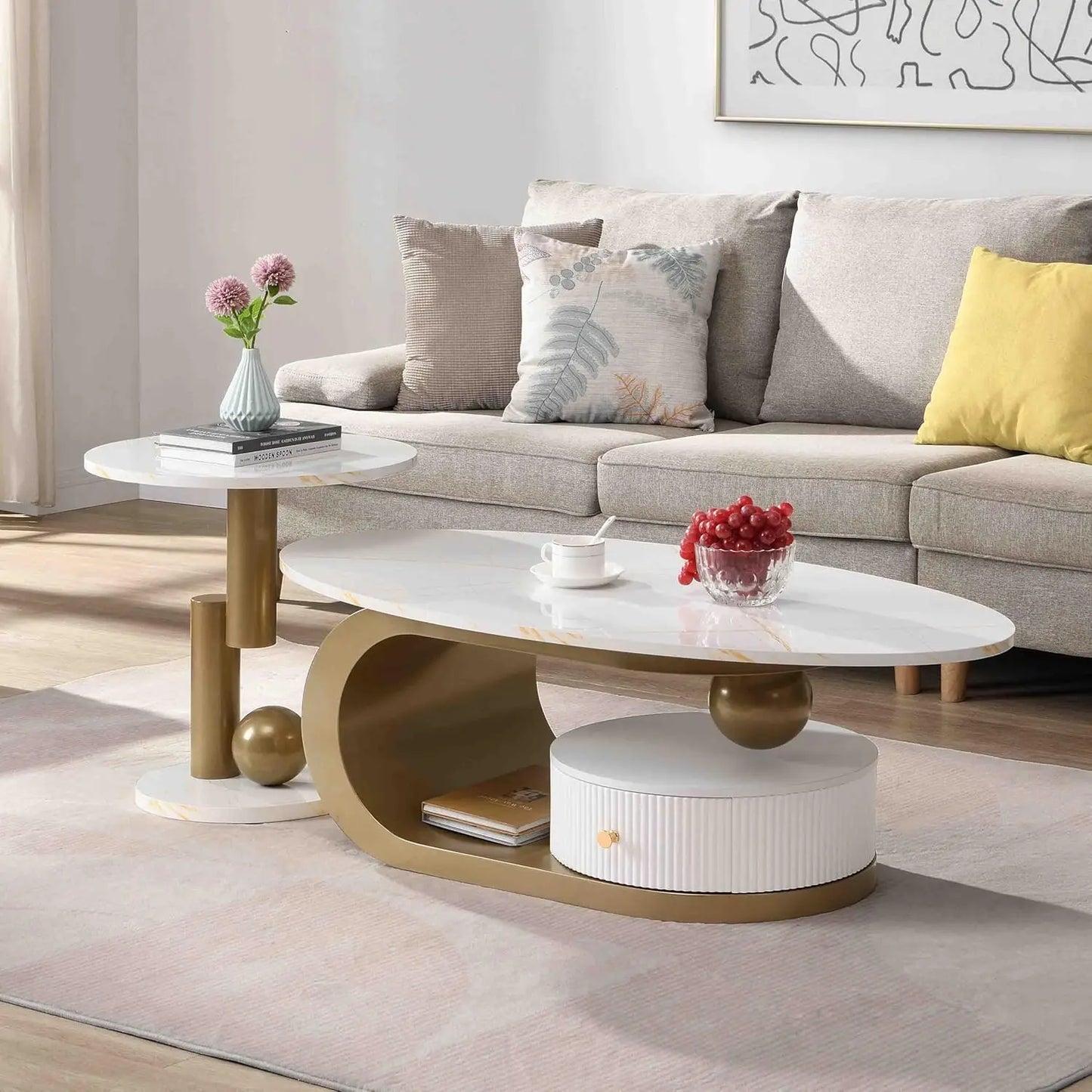 Modern Coffee Table Stainless Steel Pedestal And Faux Stone Top