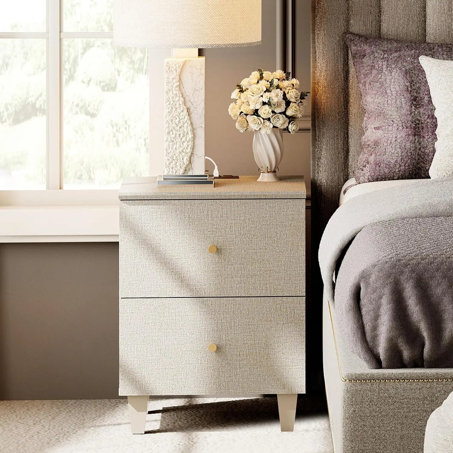 Nightstands With Charging Station and Two Drawers Modern Farmhouse Wood