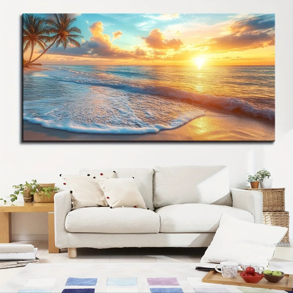 Pine Solid Wood Frame Canvas Wall Art Ocean Sunset Beach Scene