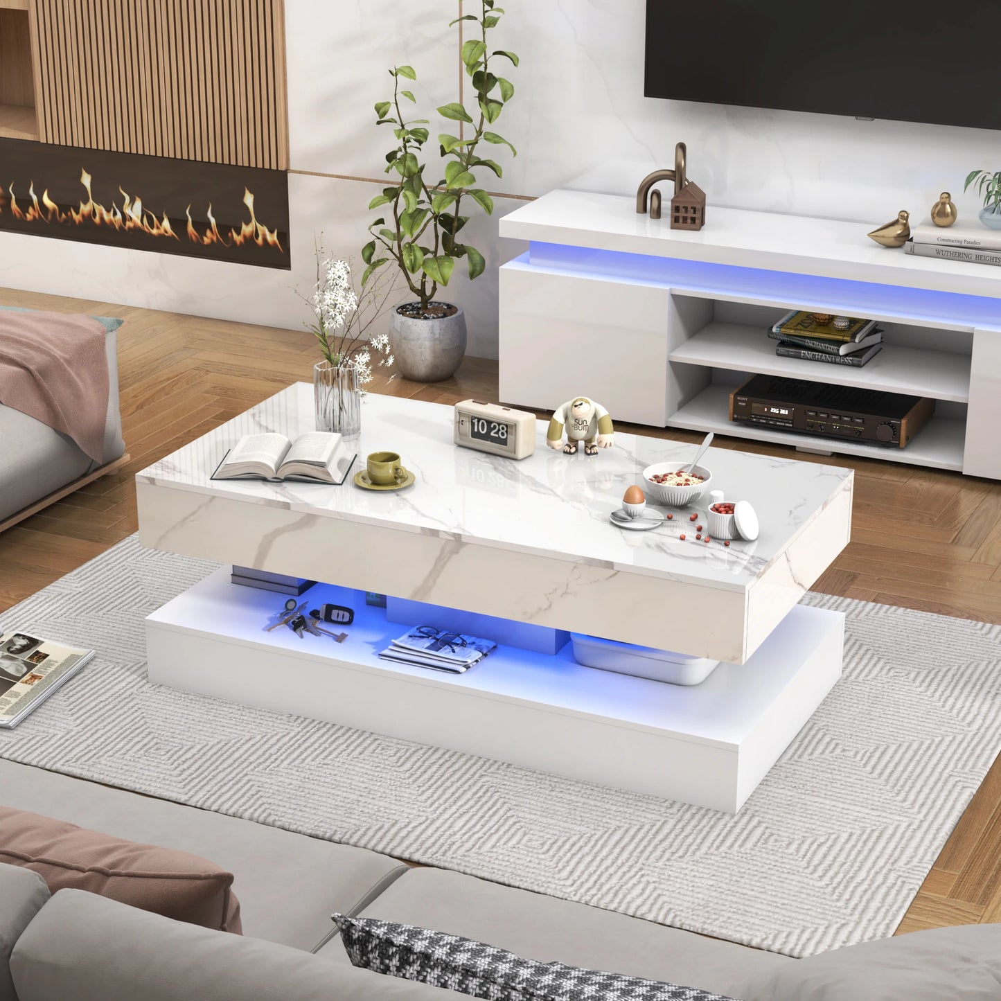 QiaoShiRen Modern LED Coffee Table With Two Drawers And Storage