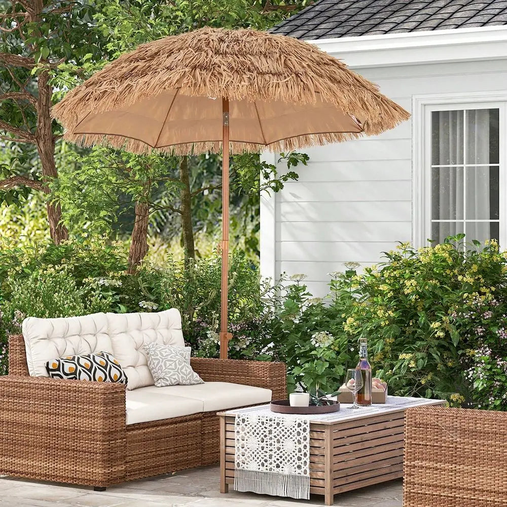 Thatched Tiki Umbrella With Foldable Stand Hawaiian Style Beach