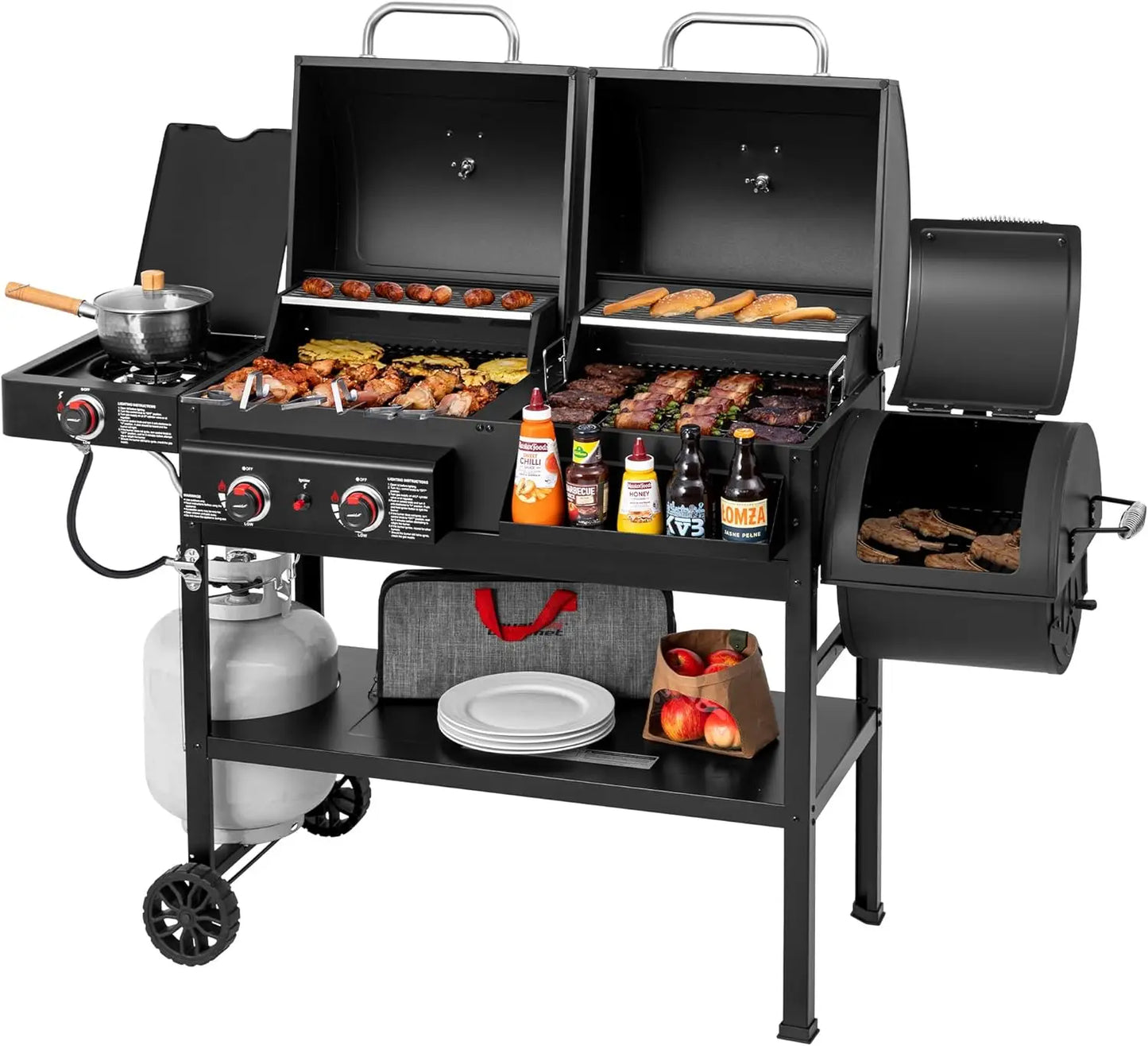 Versatile 2-Burner Dual Fuel Grill With Gas Charcoal Offset Smoker