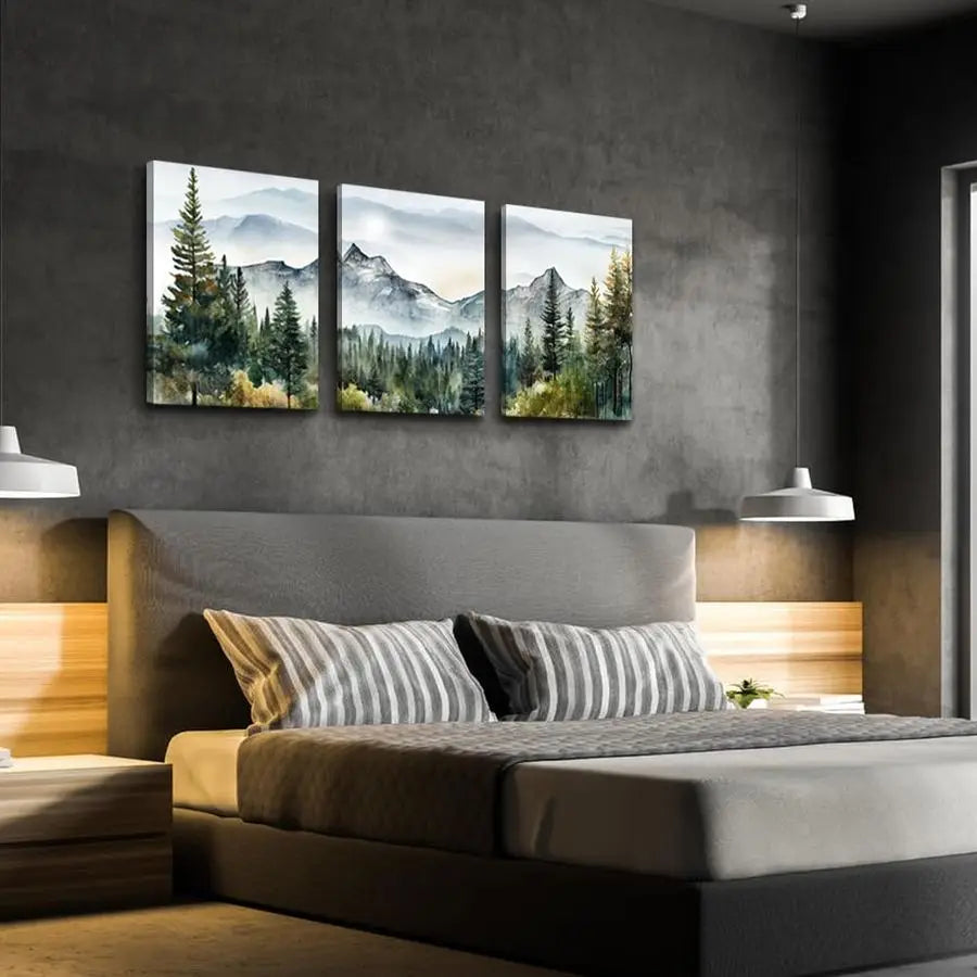 Three Piece Framed Canvas Wall Art Set Mountain Forest Abstract