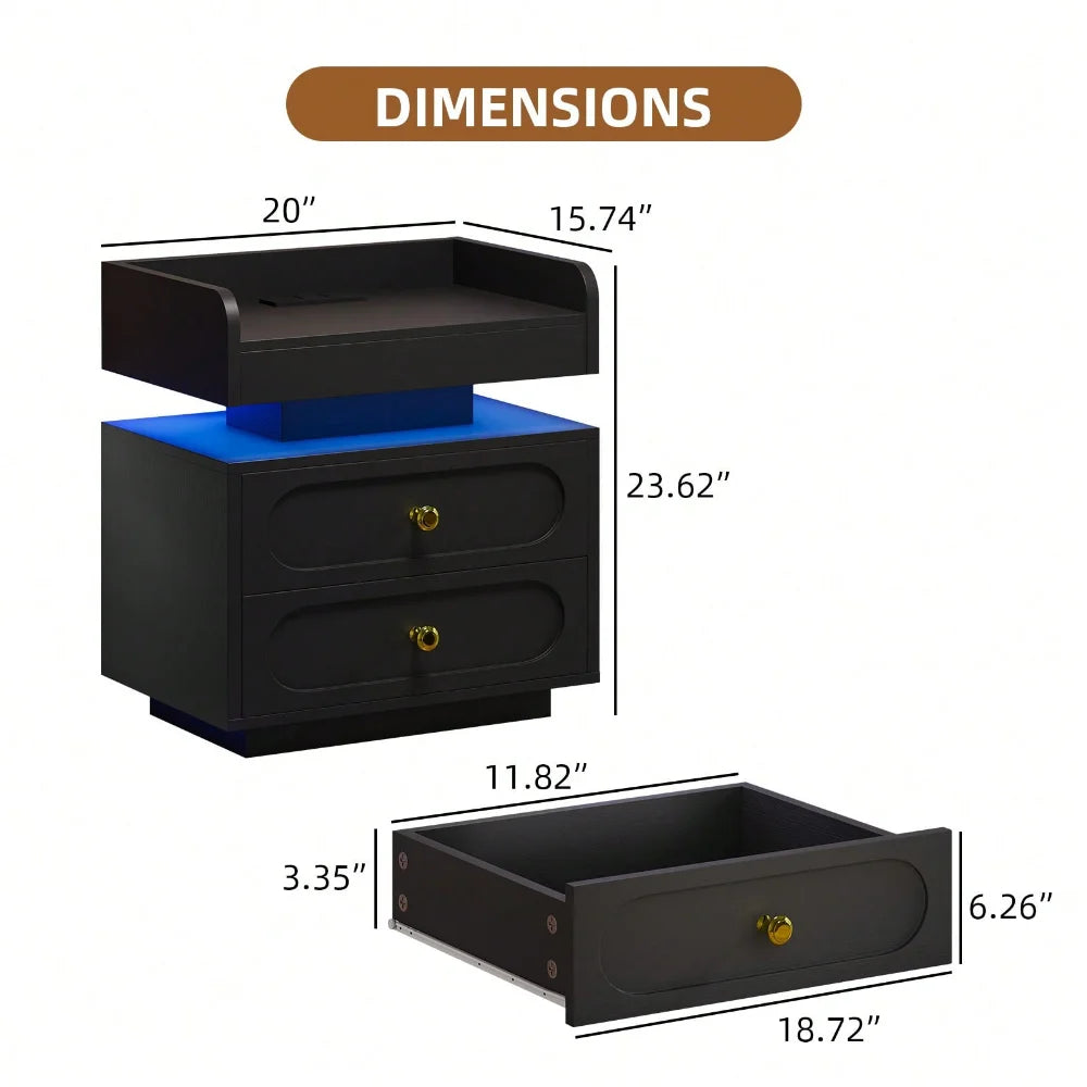 Nightstand With Charging Station And LED Lighting Modern Bedside Table