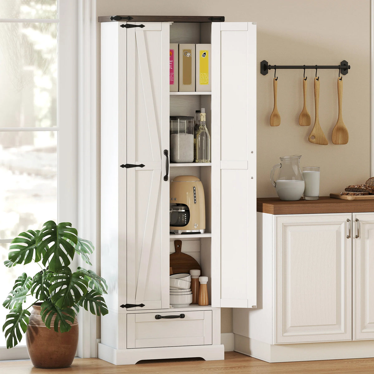 HOMCOM Farmhouse Pantry Cabinet With Barn Doors And Adjustable Shelves