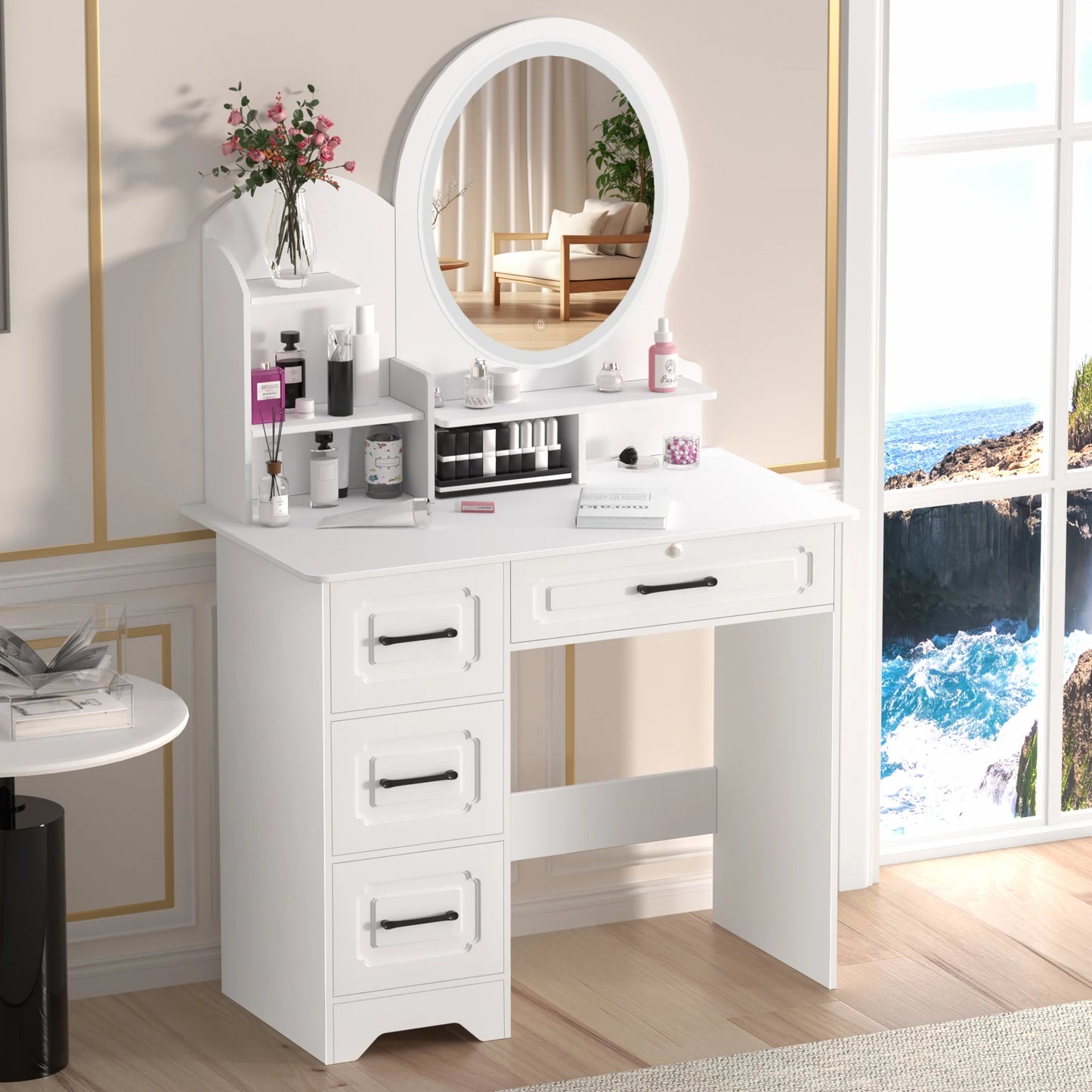 Modern Vanity Table With Mirror Lights And Four Drawers