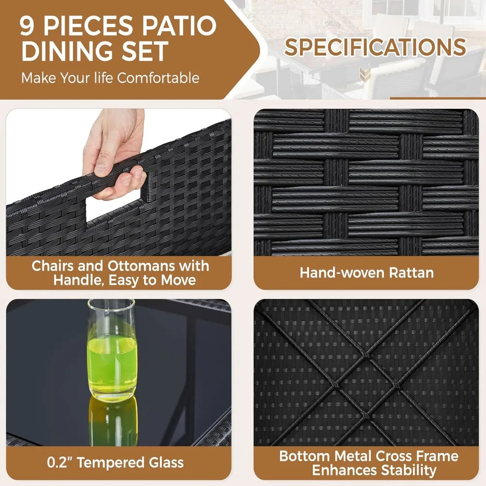 9 Piece Patio Dining Set Outdoor Rattan Chairs With Glass Table