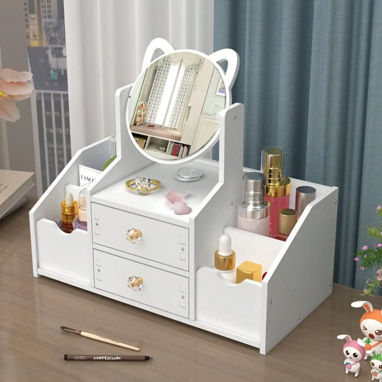 Mirror Makeup Organizer Plastic Storage Box For Vanity Bathroom