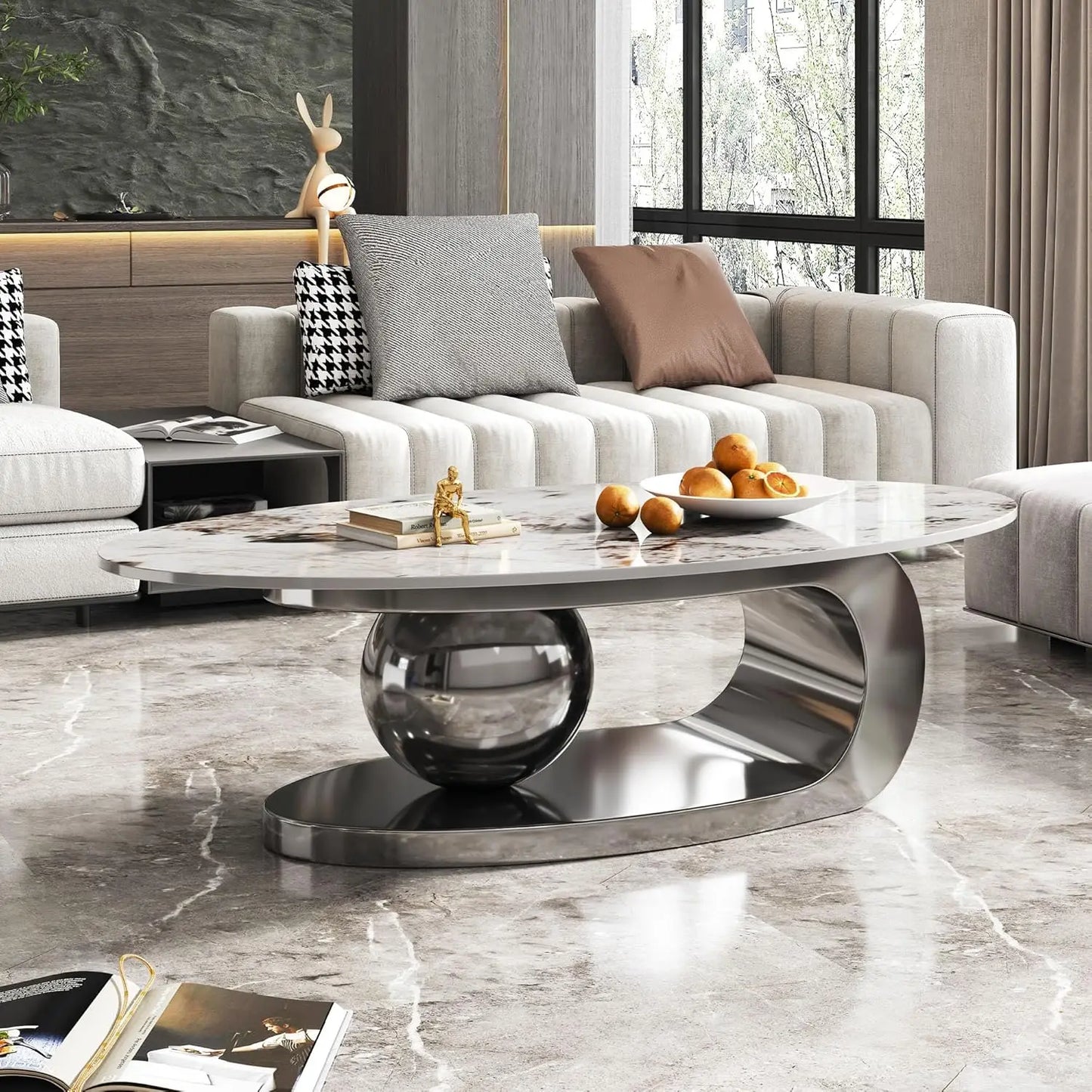 Modern Coffee Table Stainless Steel Pedestal And Faux Stone Top