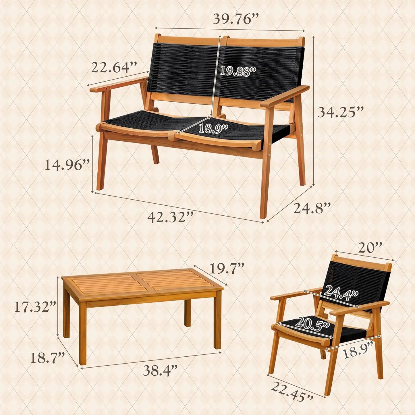 Acacia Wood 4 Piece Conversation Set Hand Woven Rope Seats