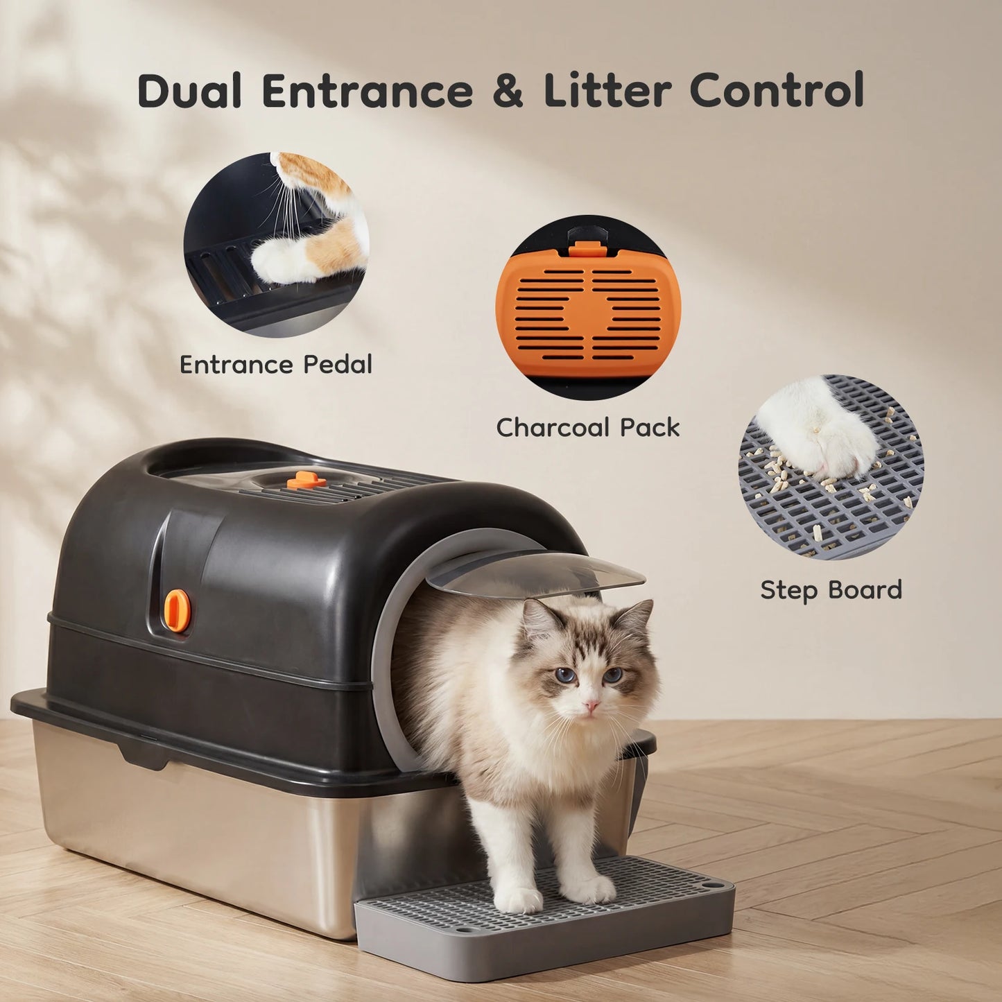 JHK Stainless Steel Enclosed Cat Litter Box Scoop Included