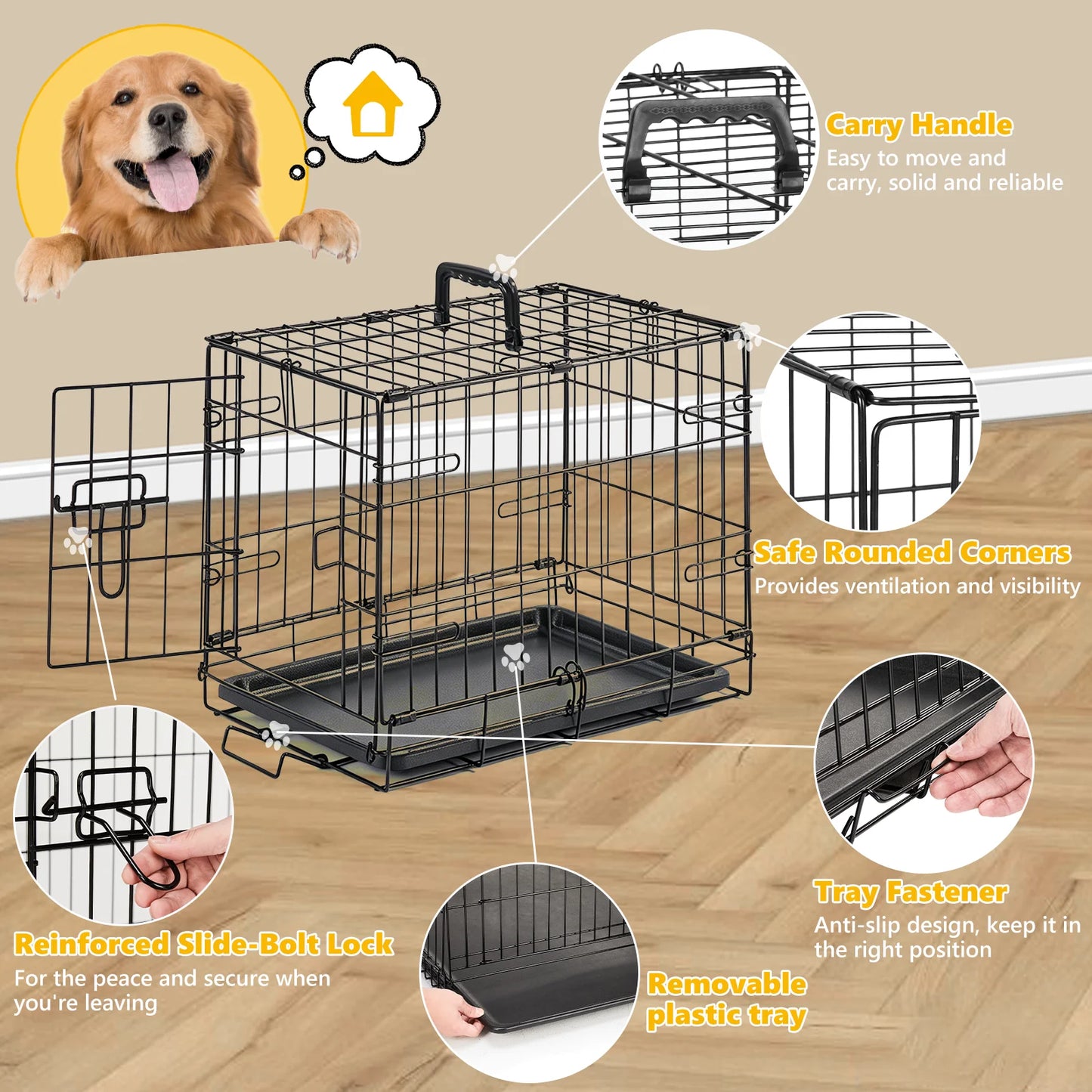 JHK Single Door Metal Dog Crate With Secure Lock Tray