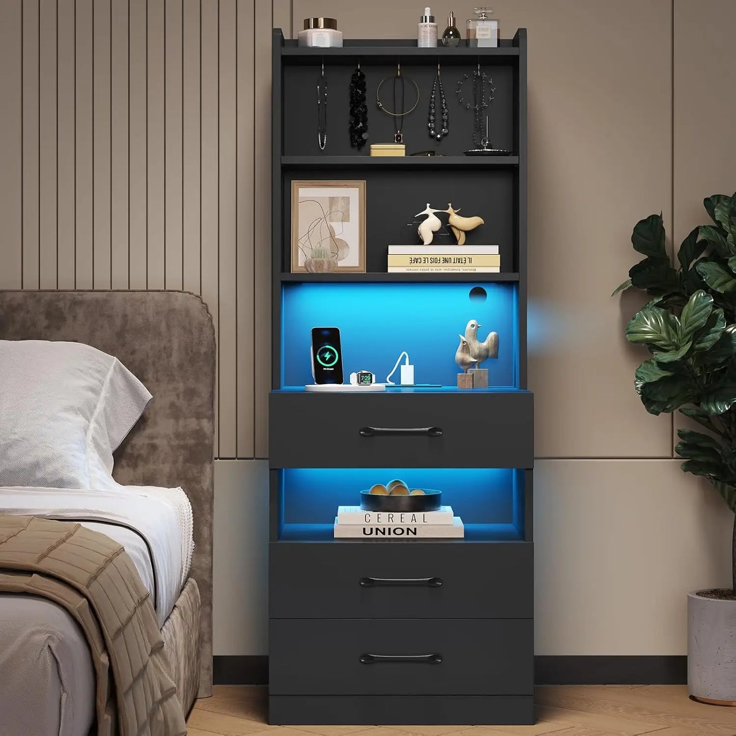 MOYU Nightstand With Charging Station And Led Lights